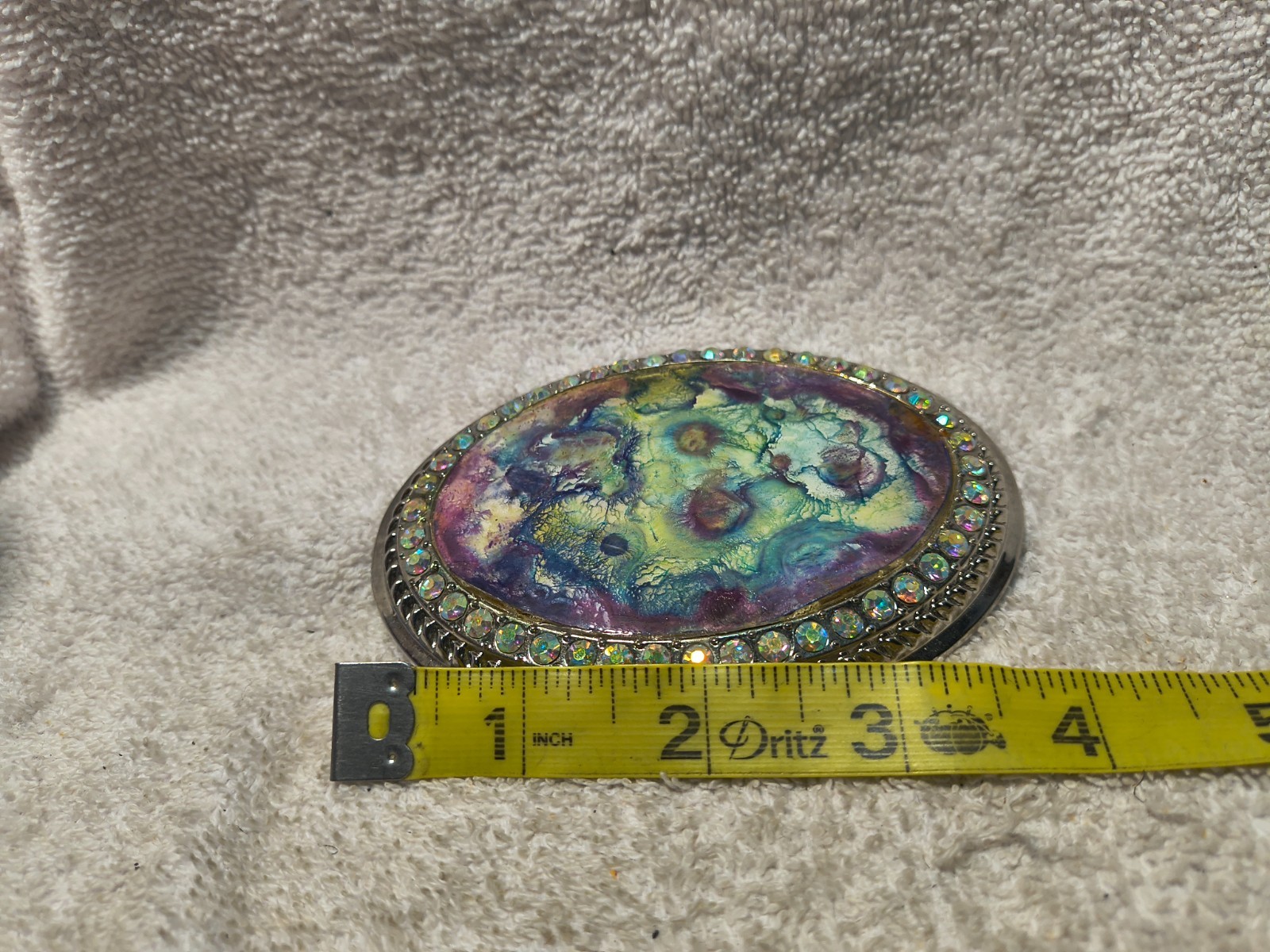 Green Purple Mosaic Flowers Large Oval Buckle Rhinestone Edge Great Shape