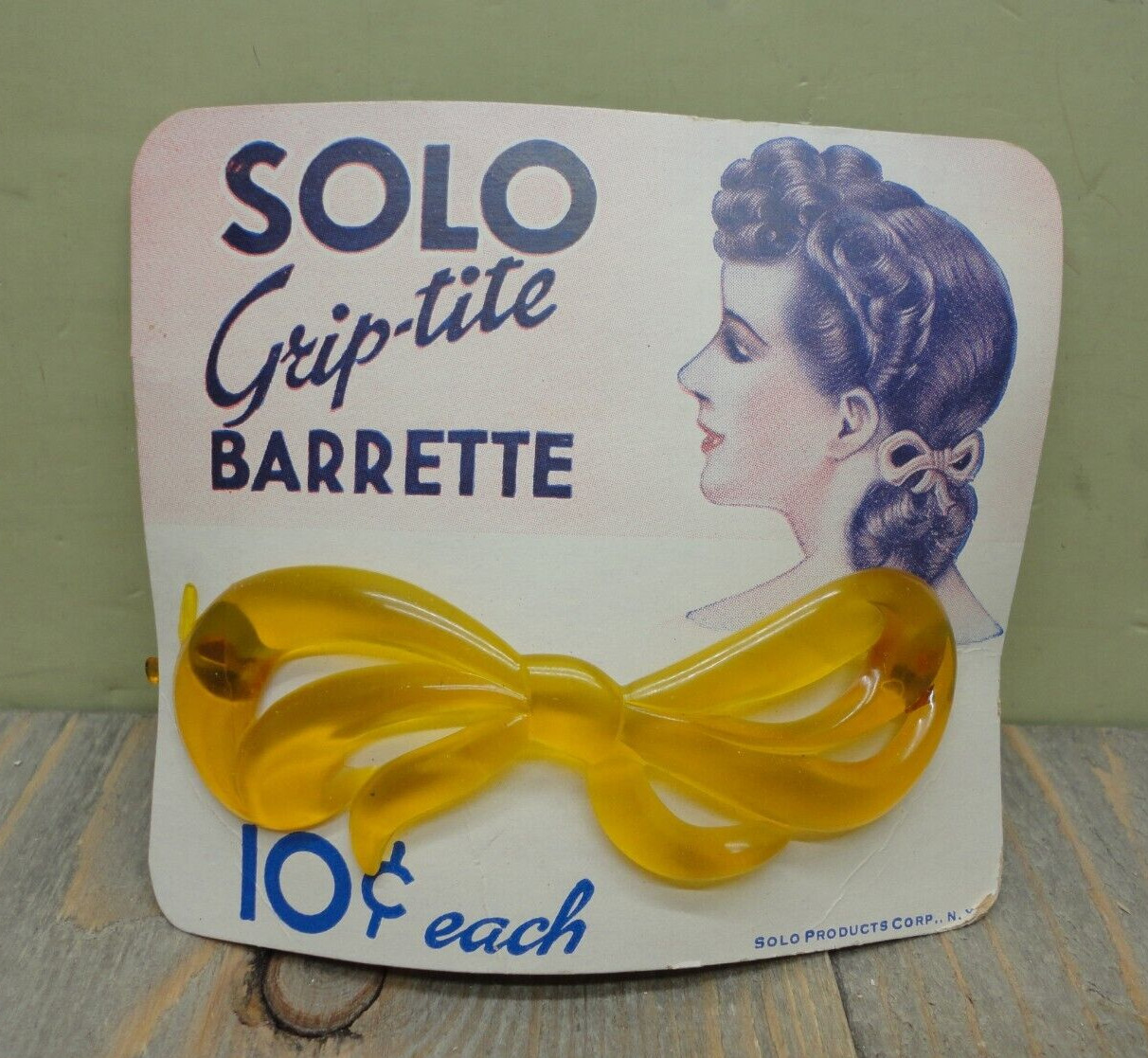 Solo Grip-tite Barrette Vintage 1940s Old Store Stock Yellow Bow Plastic NOS B
