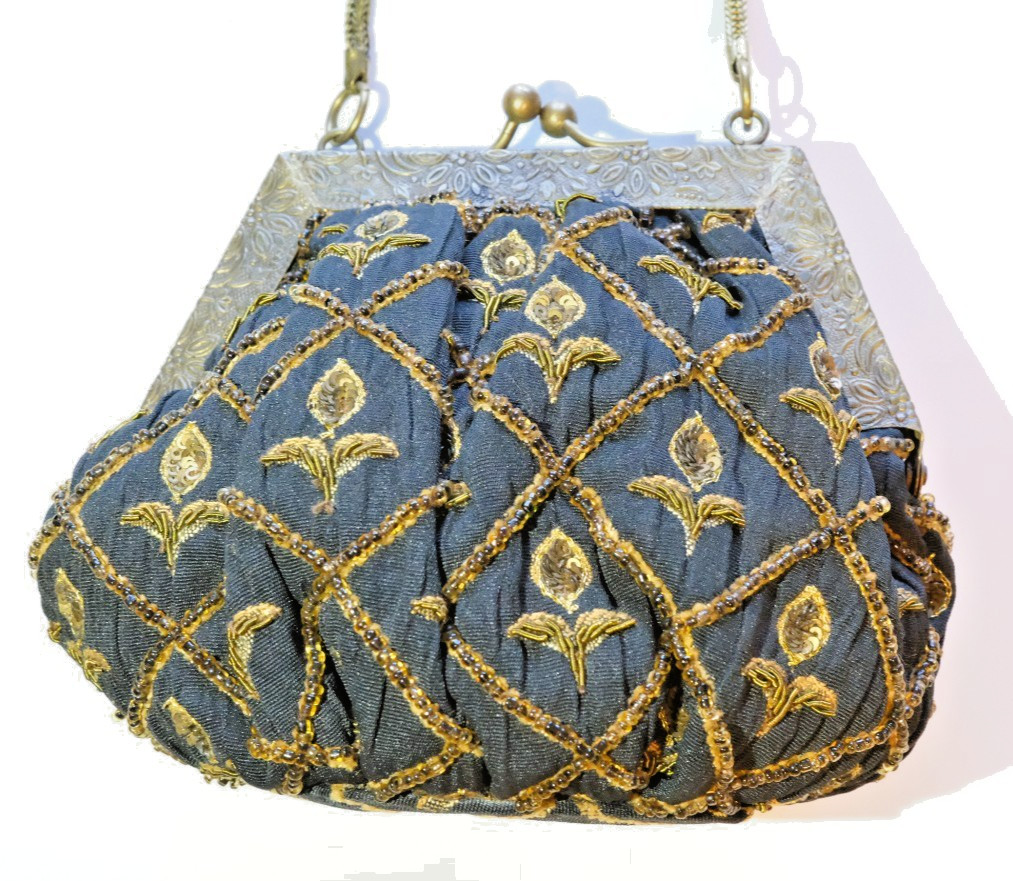 Victorian Edwardian Art Deco Purse Black with Gold Beads–NEW