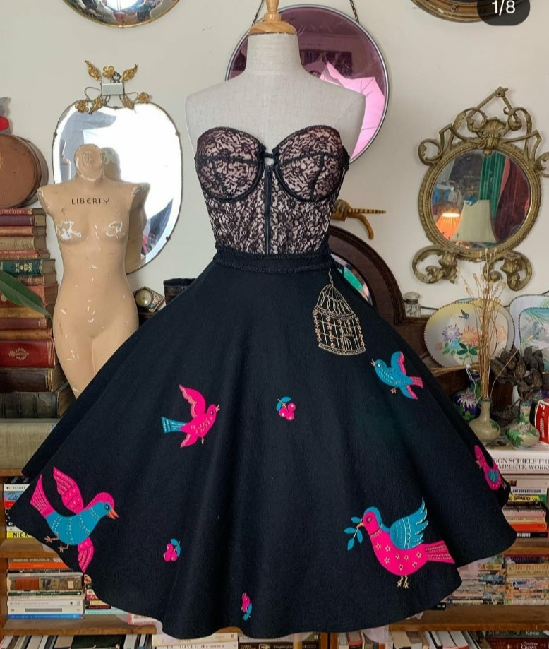 Vintage 1950s “Free Birds” Attributed To Juli Lynne Charlotte Wool Circle Skirt