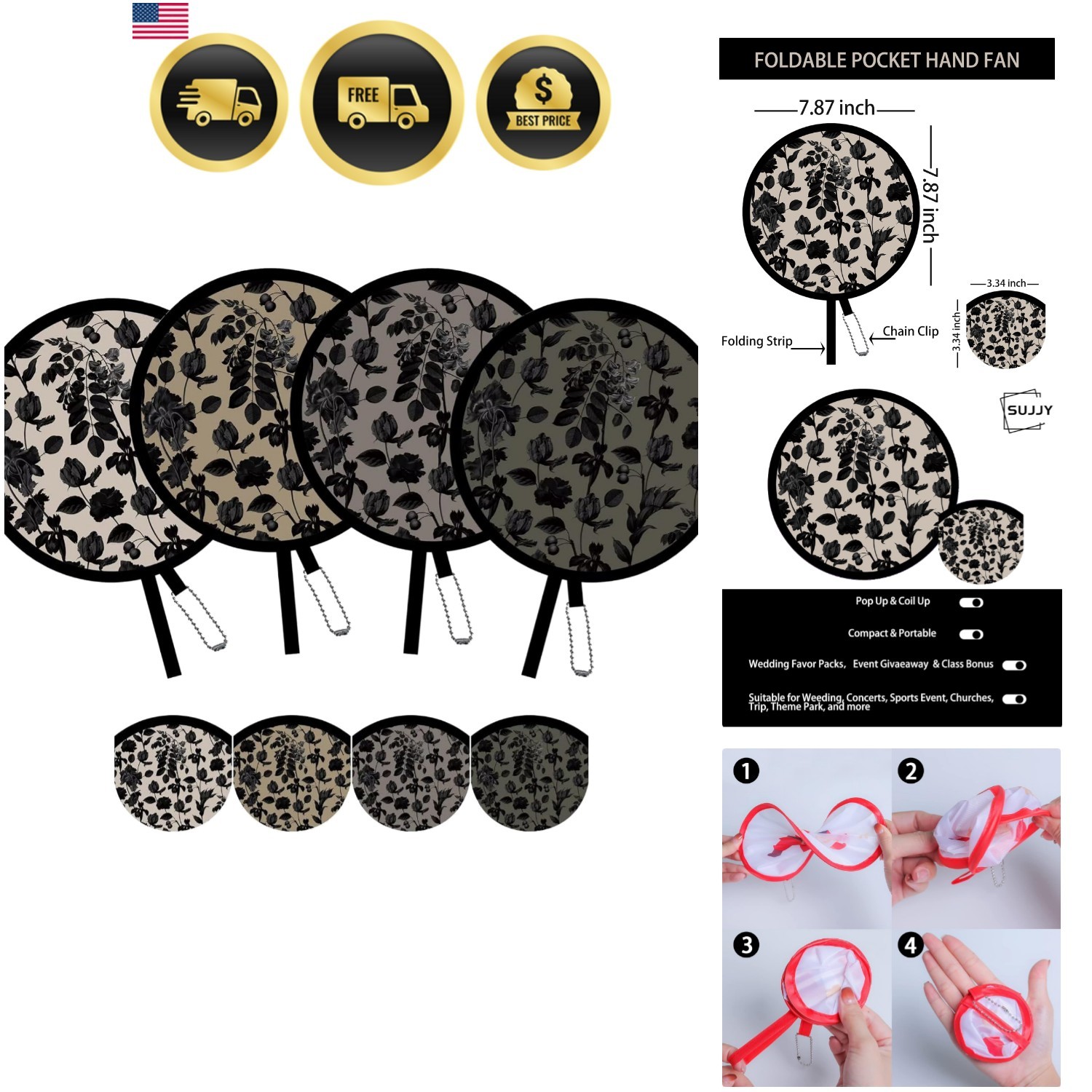 4 Pack Elegant Black Plant Foldable Hand Fans, Versatile Round Handheld Fans …