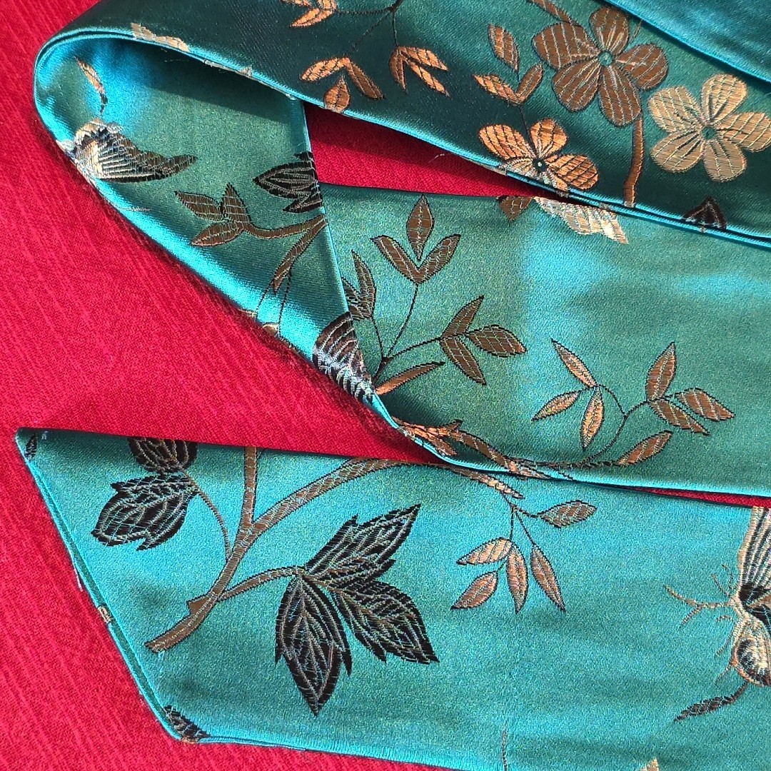 MJ Ernst Couturier Asian Brocade Sash Obi Belt Teal Emerald Floral Butterfly