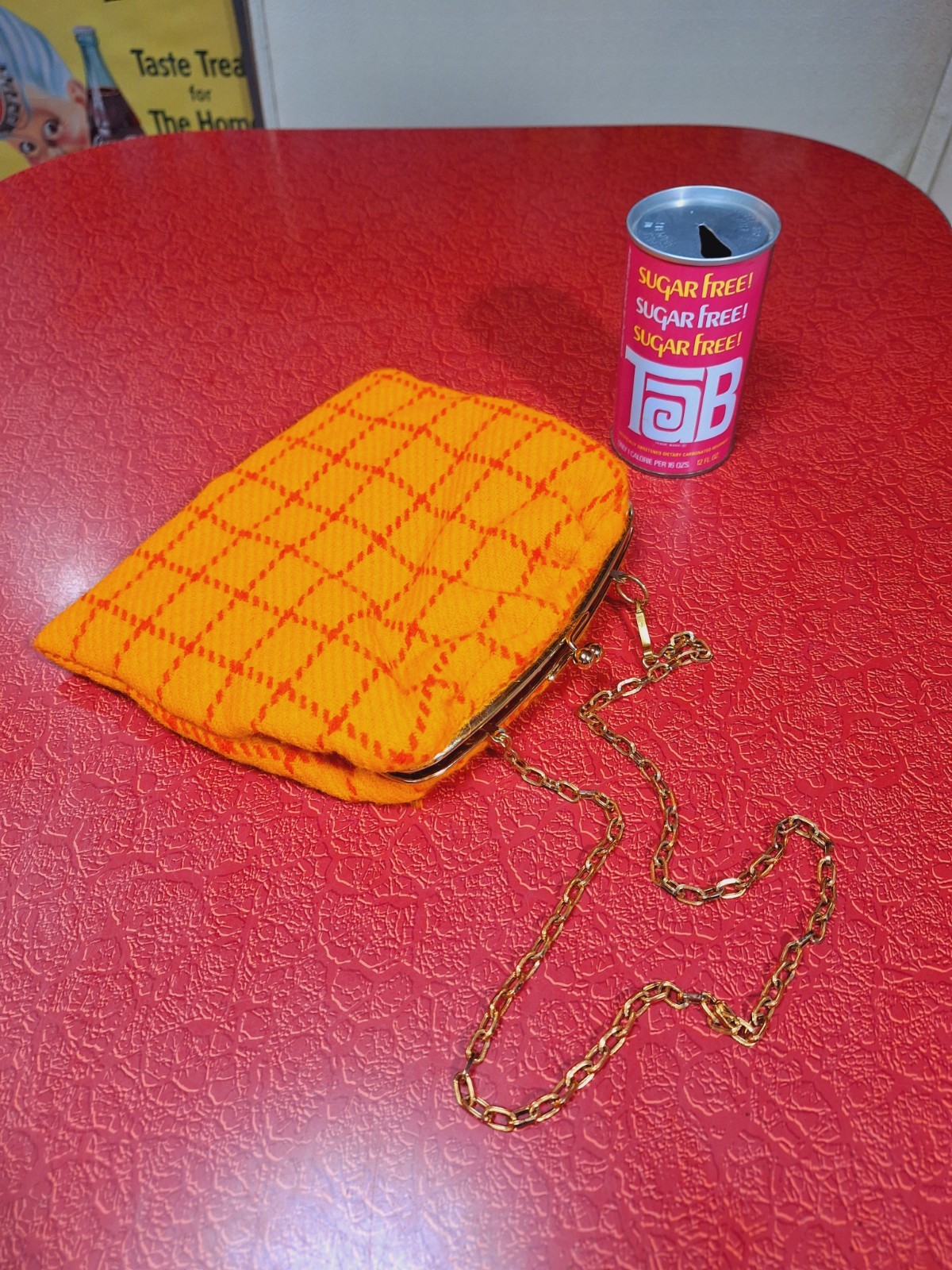 Funky True VTG Mid-century MOD 1960s 1970s Orange Plaid Purse Kiss Lock Groovy