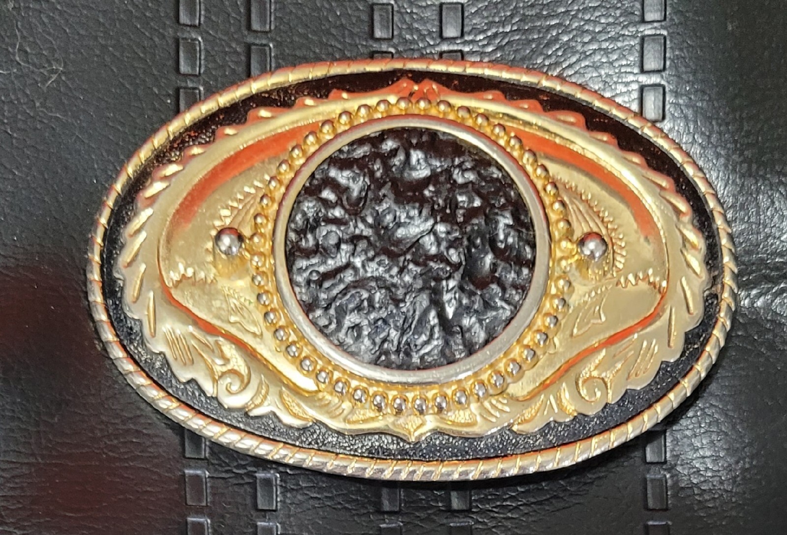 Vintage Pewter Belt Buckle Gold And Black Fantasy Art Color Faux Coal Rock