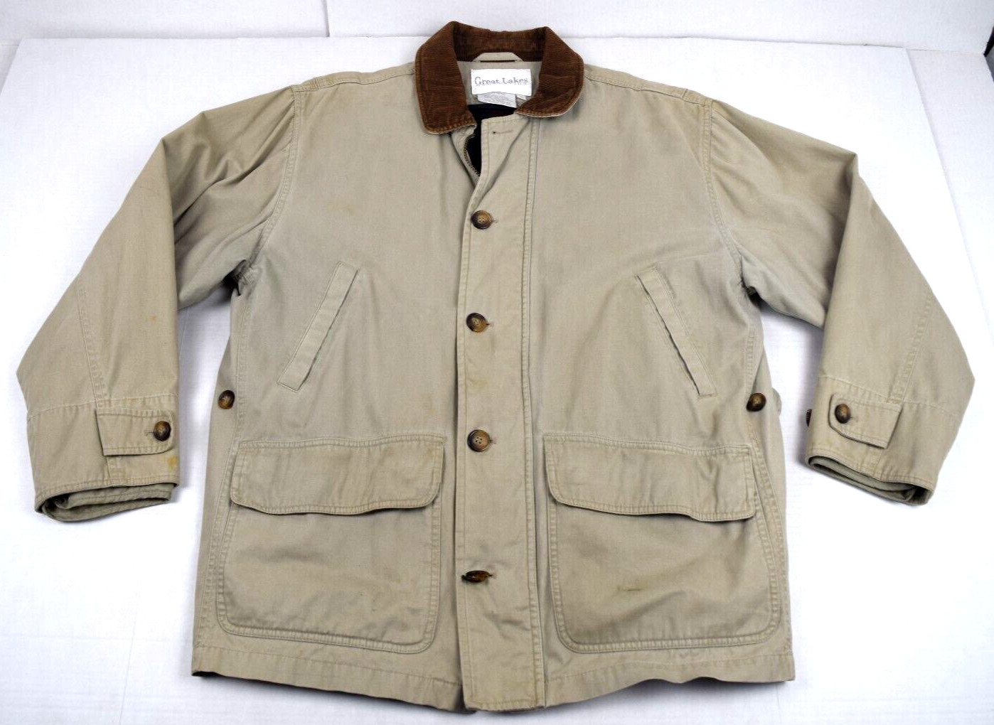 Vintage Coat Great Lakes Size M 90s Beige Cotton Plaid Lining Corduroy Collar