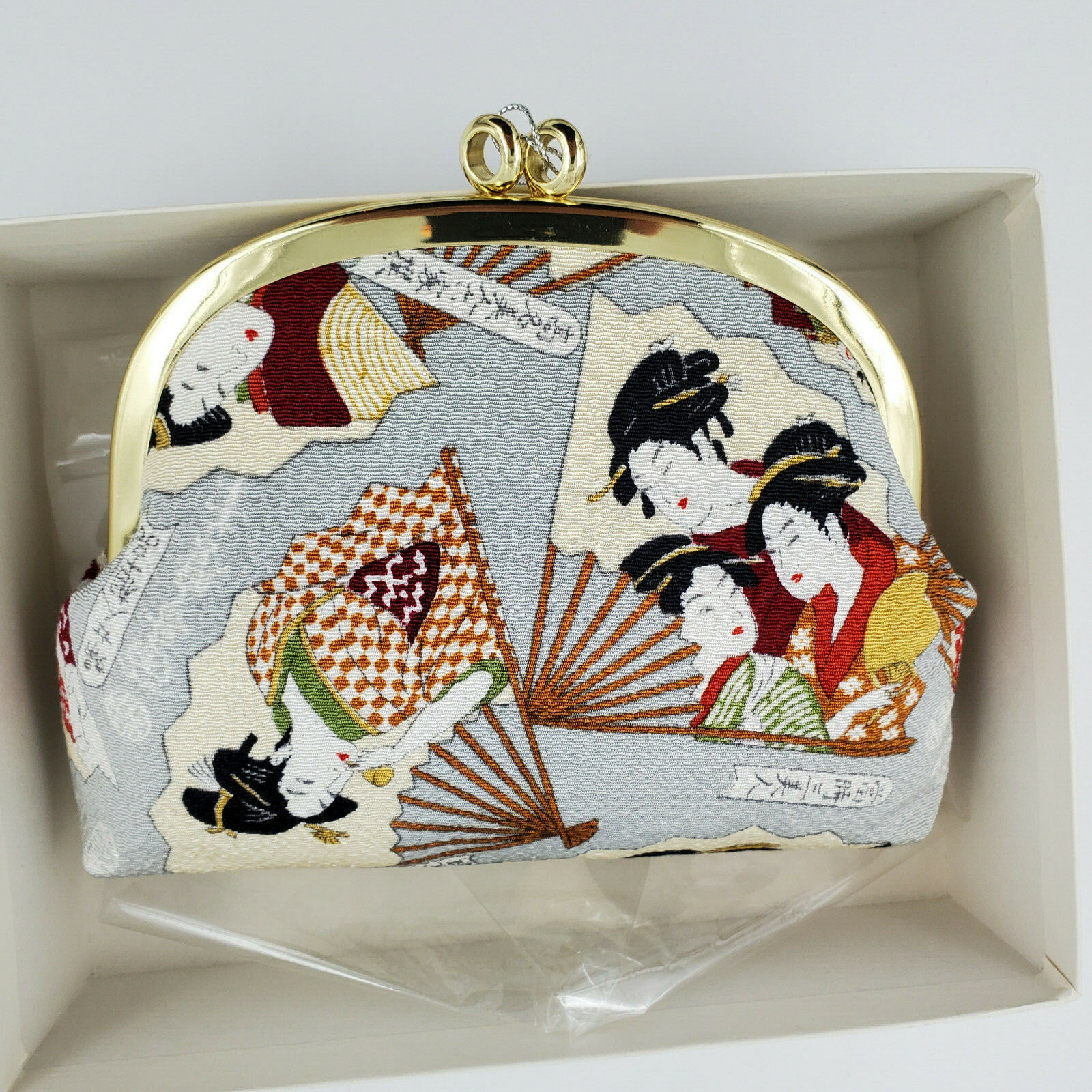 Vintage Japanese Gray Fabric Geisha Fans Clam Clutch Bag Kiss Closure Orig Tag