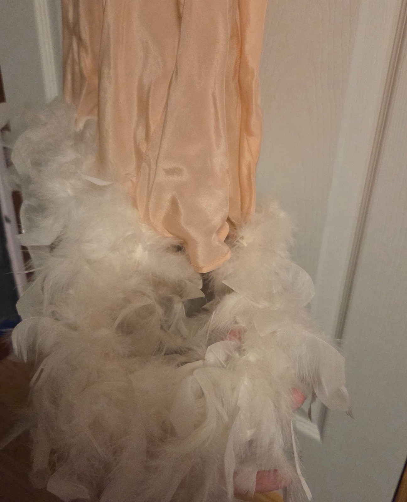 Glamorous Old Hollywood 1950s Sheer Gown With Real Feather Trim And Down Shawl