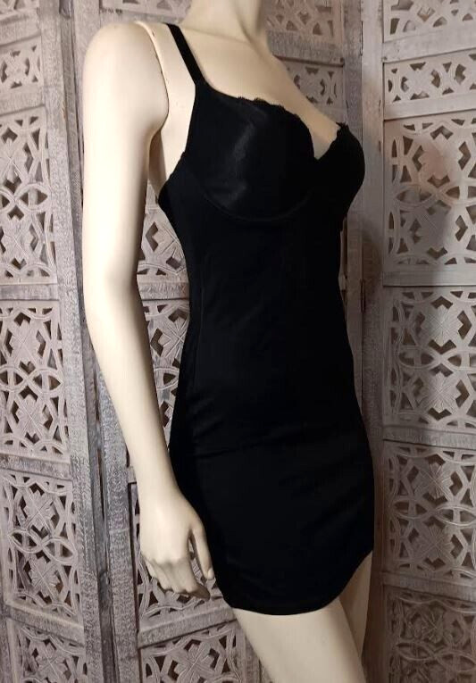 Vintage Sears Black Firm Control Body Shaper Slip with Lace Trim Bust Size 36C
