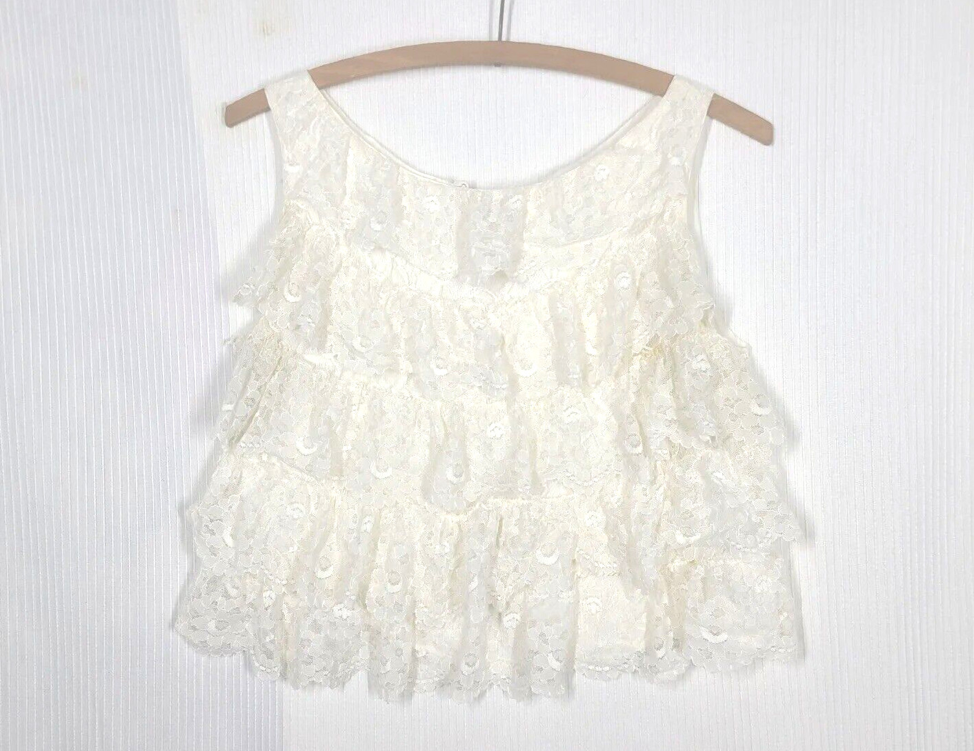 Vtg 60s Lace Ruffle Front Top M White Crop Shirt Full Back Metal Zip Mod Barbie