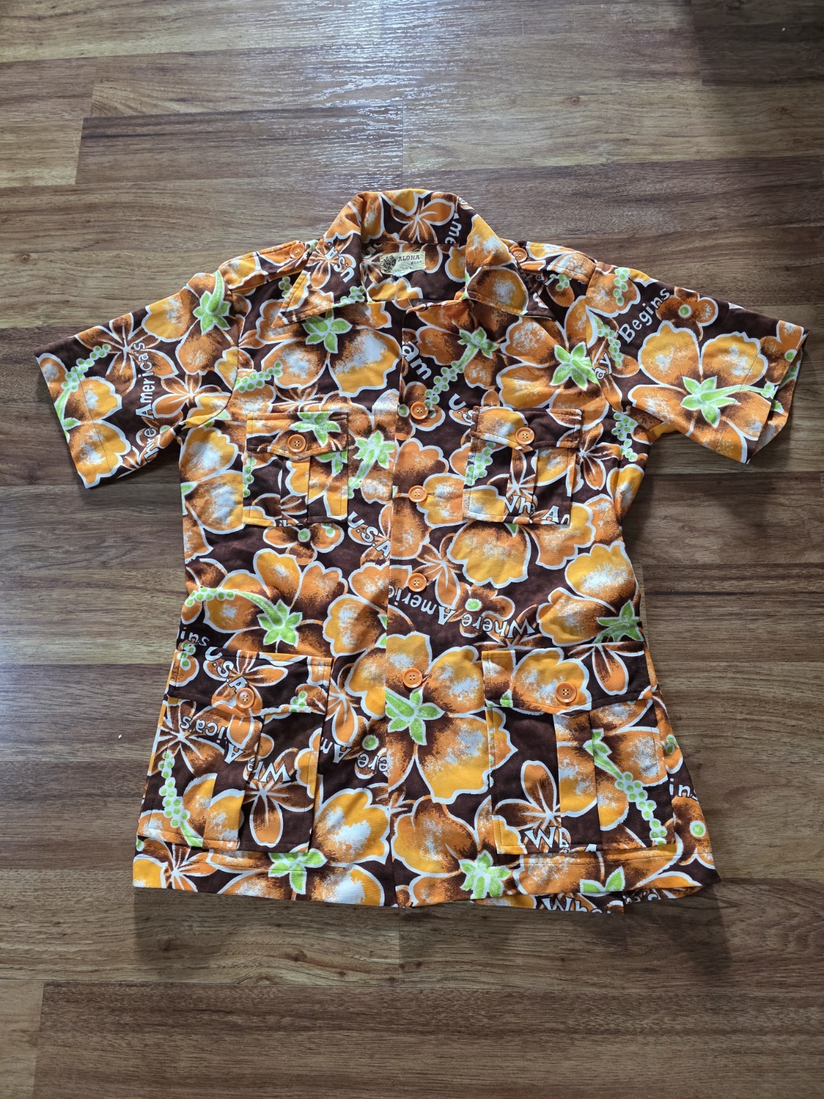 Vintage 70’s Aloha Hawaiian Shirt Brown Orange Flowers Adult Large Made USA