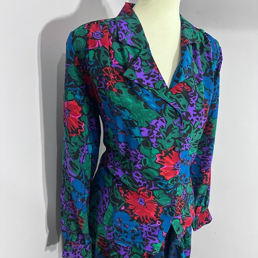 Vintage 80s Jerri Sherman Silk Wool Floral 2-Piece Miidi Skirt Set Large Bloom