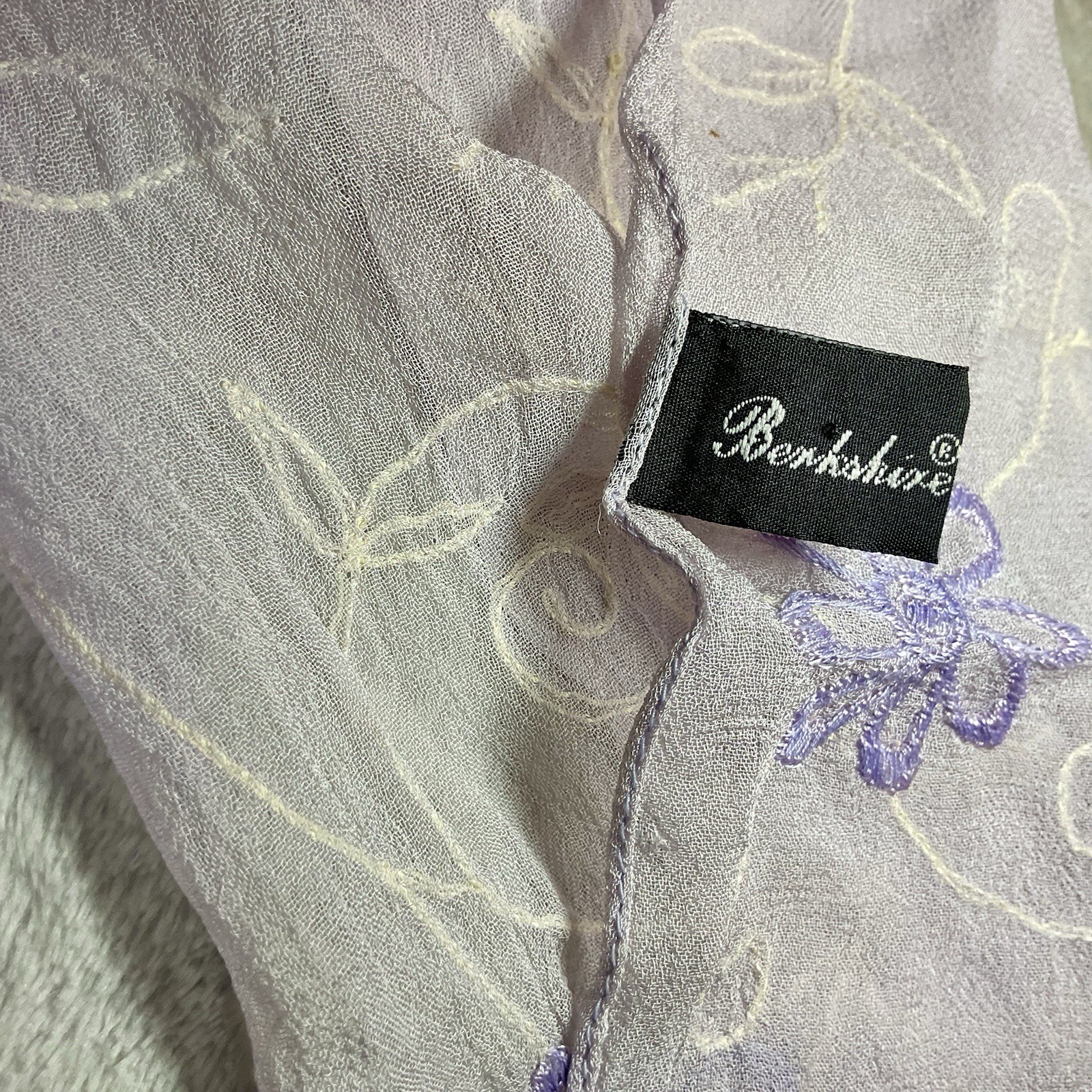 Vintage Berkshire Scarf Chiffon Rayon Lavender Purple Embroidered Floral 53 Long