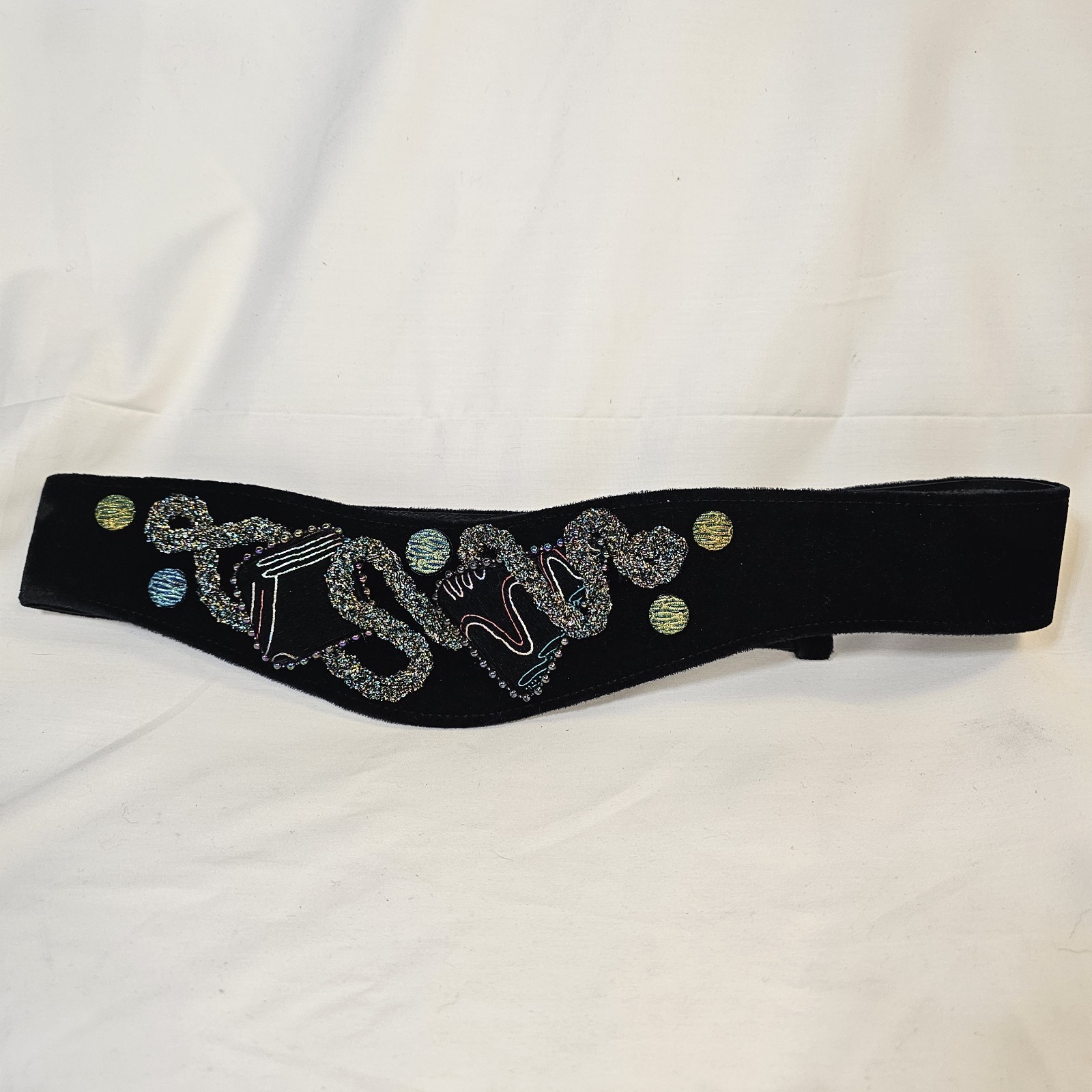 Vintage Black Velvet Wide Waist Belt Beaded Art Deco Abstract Hook Loop Sz Large