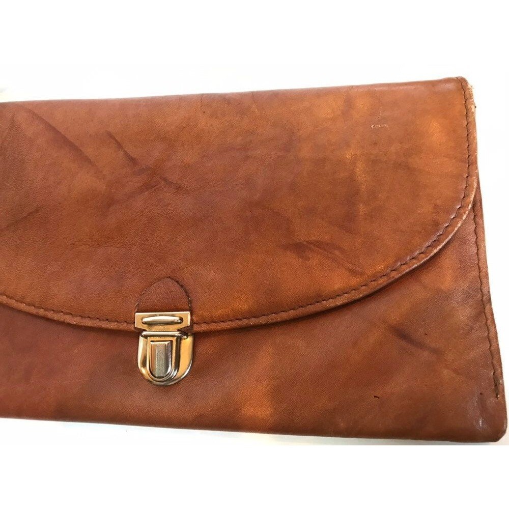 Leather Envelop Purse Clutch Industria Argentina Brown VACA Canoa 1970’s Vtg