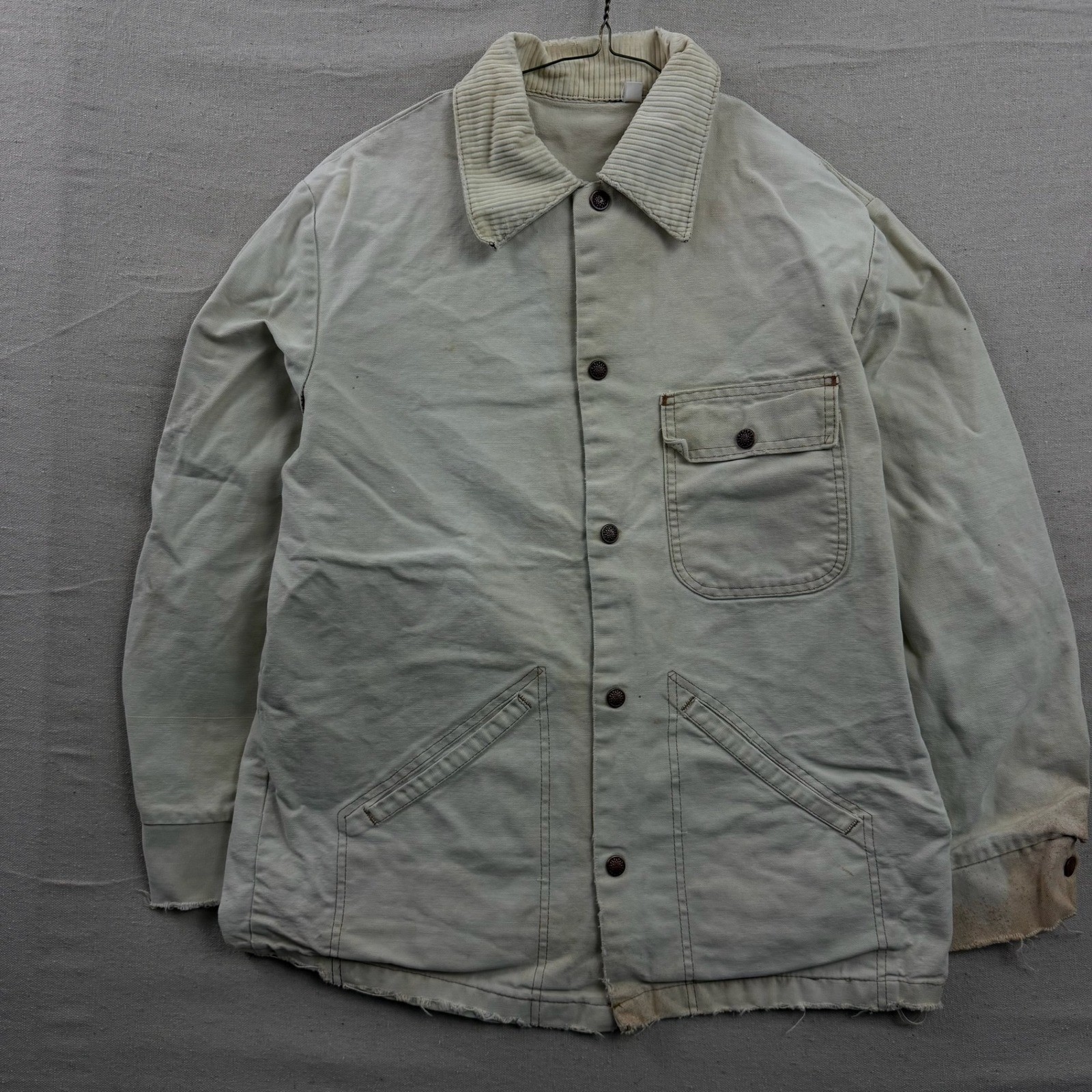 Vintage 60s Chore Jacket 40 Cream Canvas Corduroy Collar Distressed Workwear