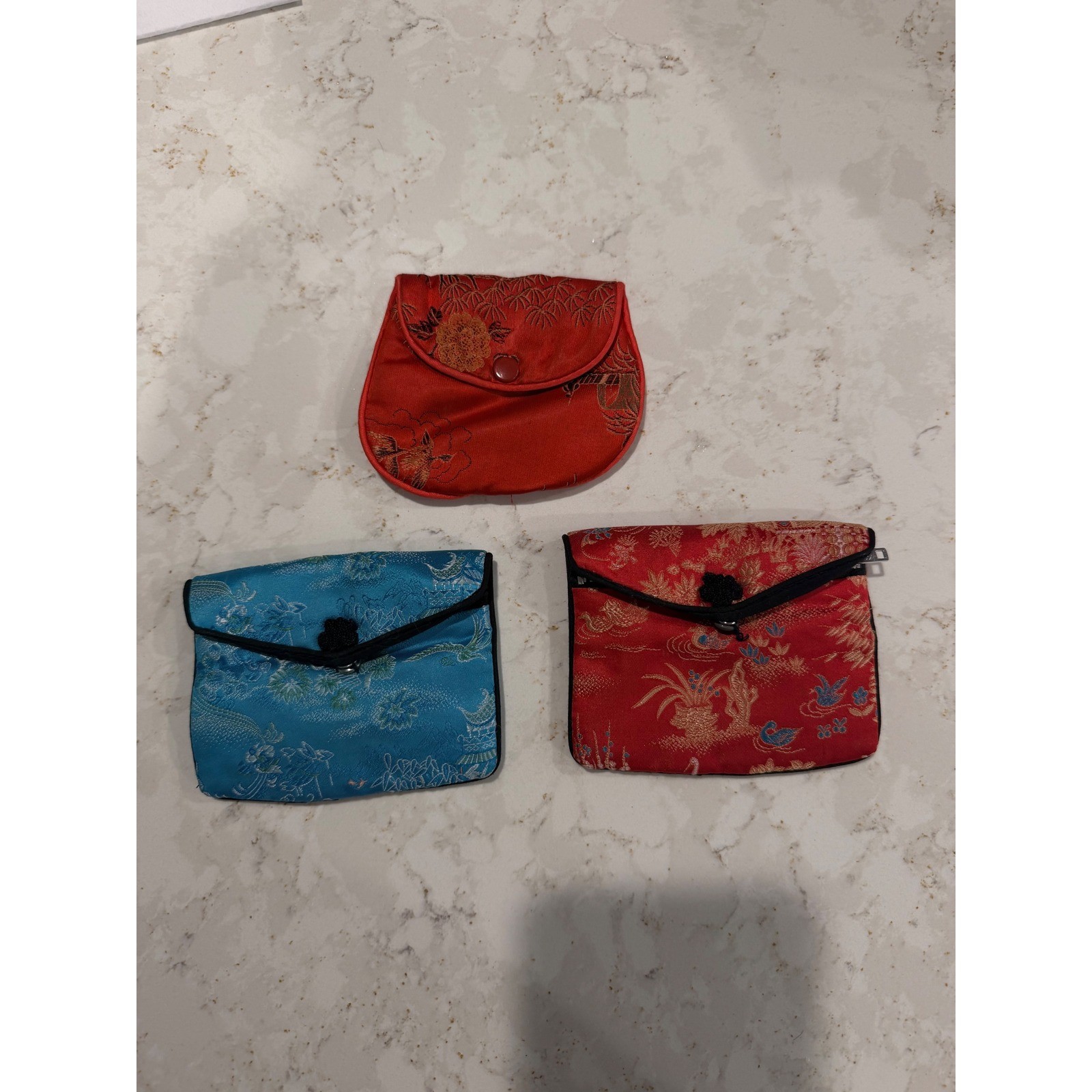 Set of 3 Chinese Silk Brocade Jewelry Pouches Red Blue Embroidered Travel Cases