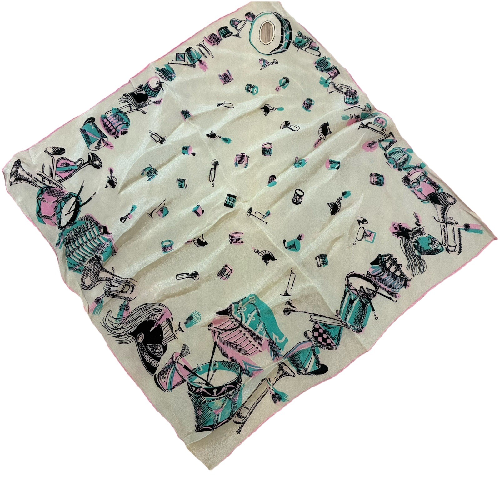 Vtg. 50’s Silk Neck Scarf 16 x 16 Hand Rolled Key Hole Novelty Marching Band