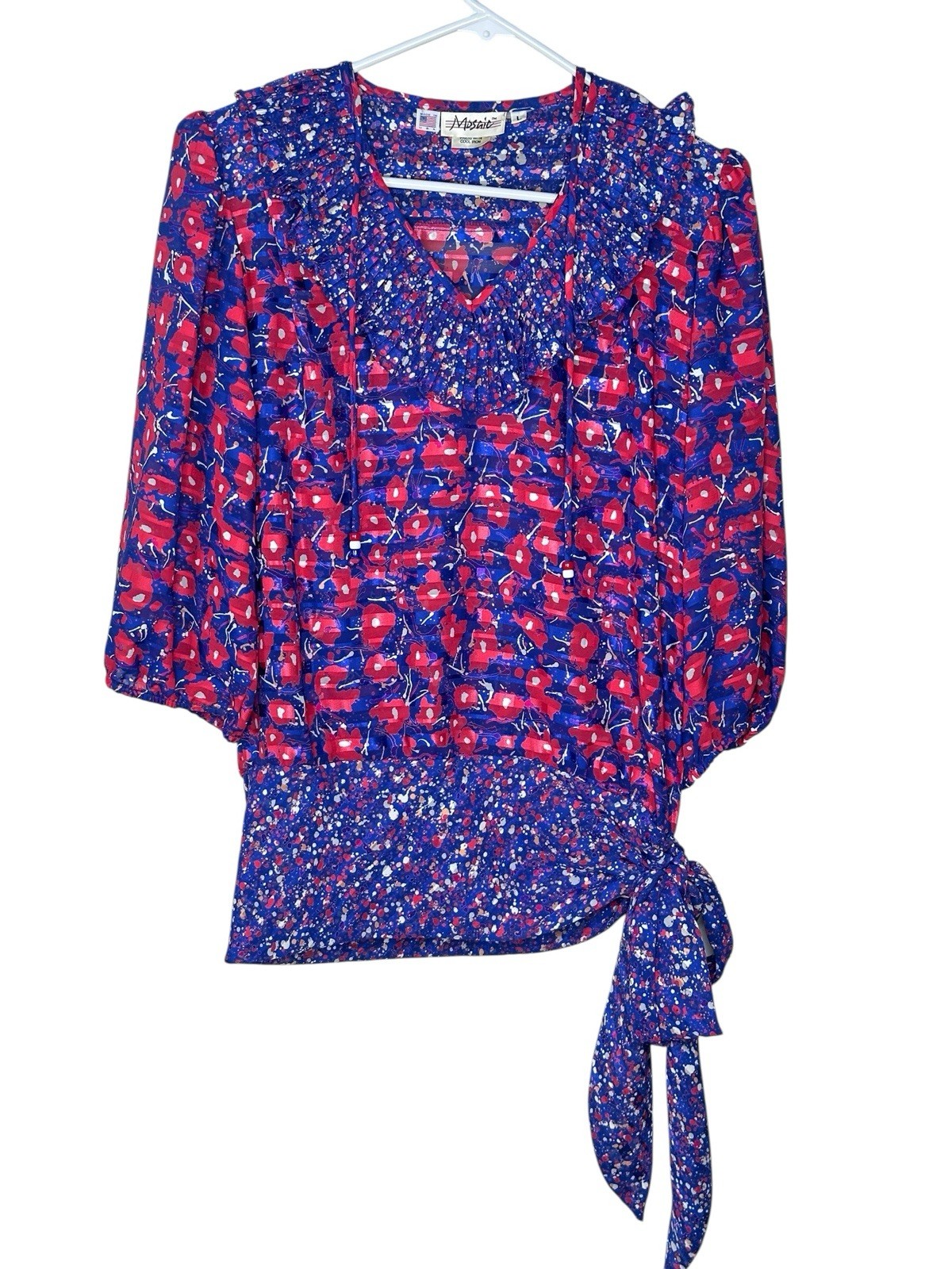 Vintage DEADSTOCK Blouse Top Shirt Red White Blue Pleated Collar V-Neck Large L
