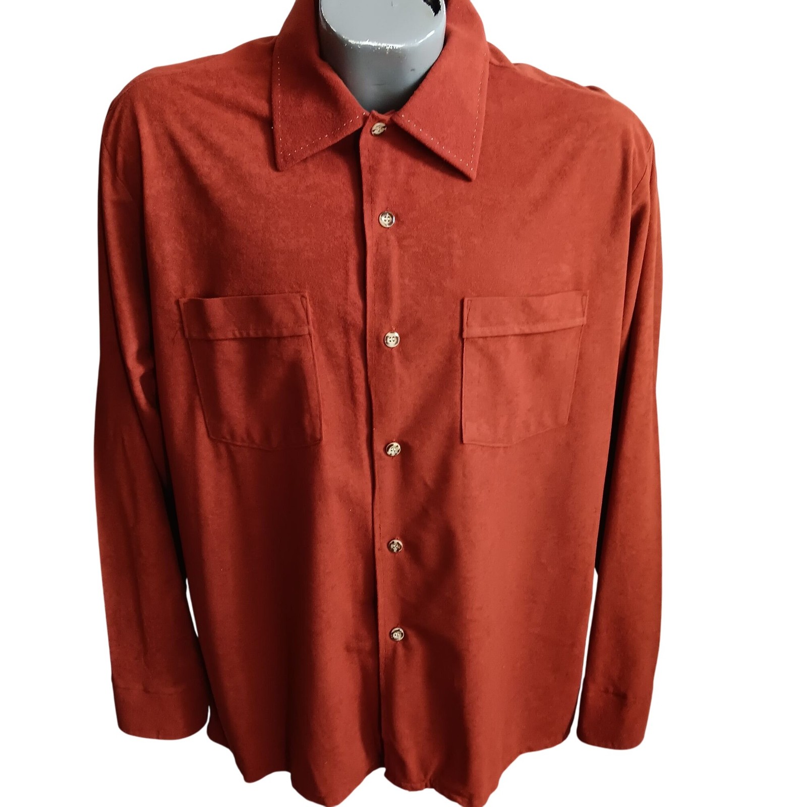 True Vintage Velour Shirt XL Rust Soft Touch Suede Button-Up 1970’s Boho Mod