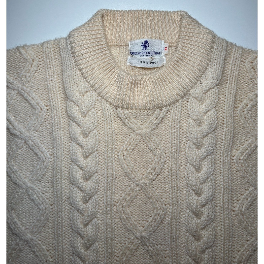 Vintage Men’s English Sports Shop Cable Knit Sweater XL Wool Fisherman Ivory