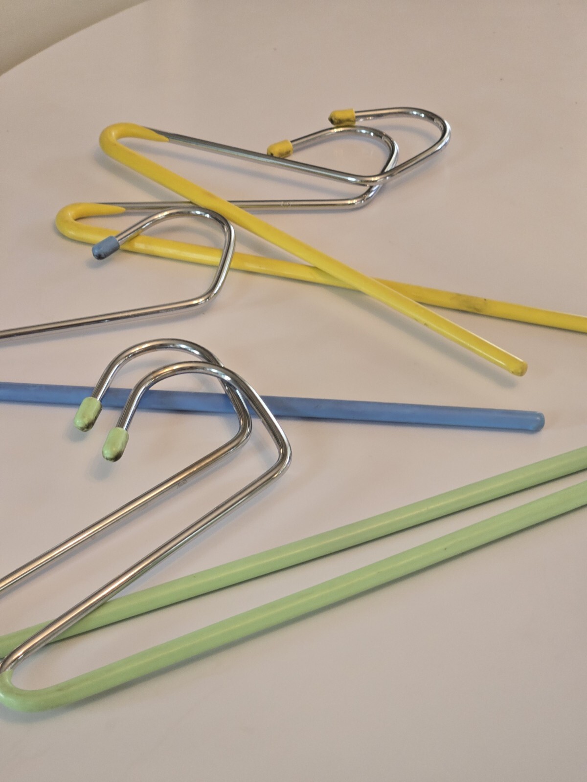 Vintage Set of 5 Metal W/ Rubber Wrapped Pants Hangers, Green, Yellow, Blue