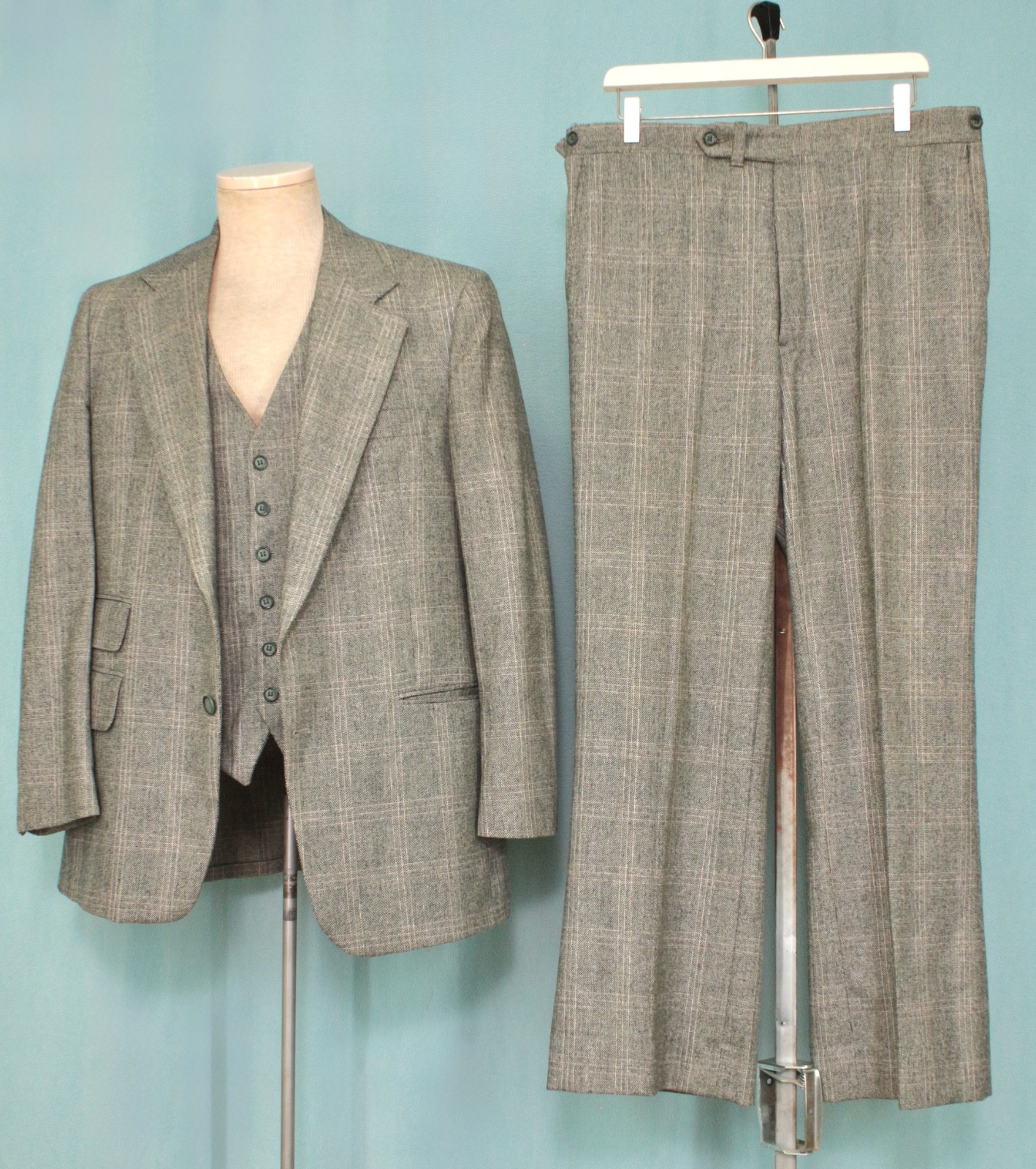 Men’s VTG 70s Checkered Plaid 3 PC Cartier Leisure Suit Sz M/L 1970s Disco Wool