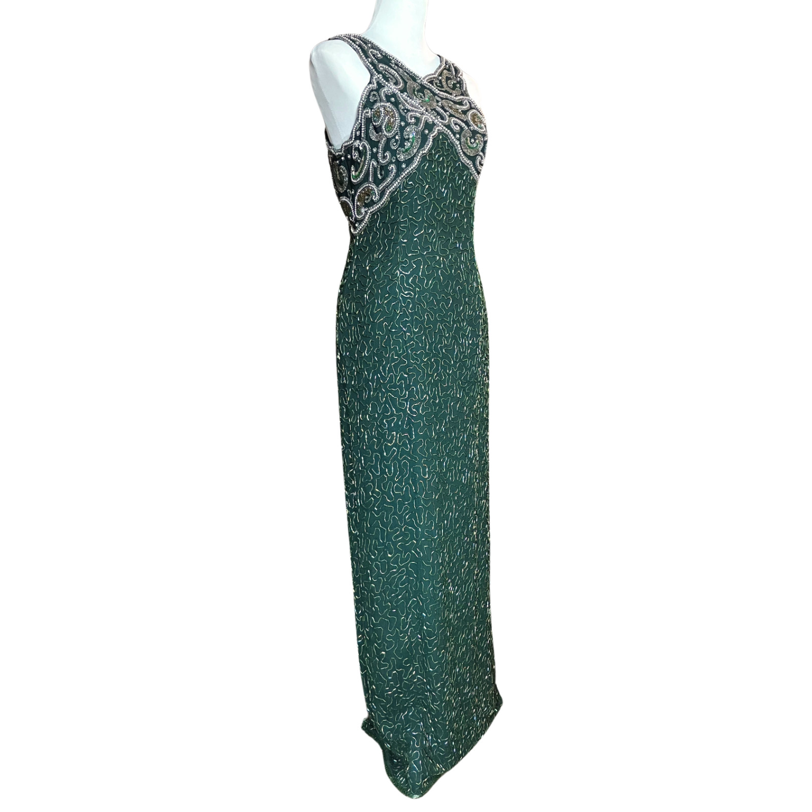 Vintage 90s 100% Silk Green Beaded Prom Dress S/M Golden Age Hollywood Glamour