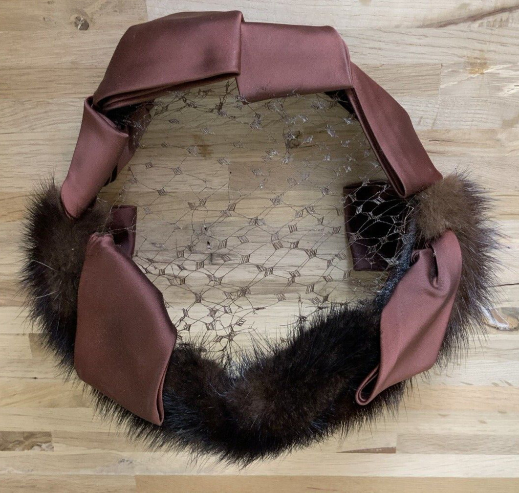 Vintage Hat FUR brown fascinator retro pin-up satin winter 60s 50s 40s