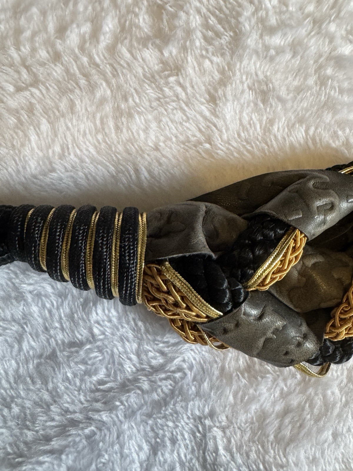 Vintage 80s Stretch Knot Braided Belt Leather Accents, Hook Closure Grey&Gold SM