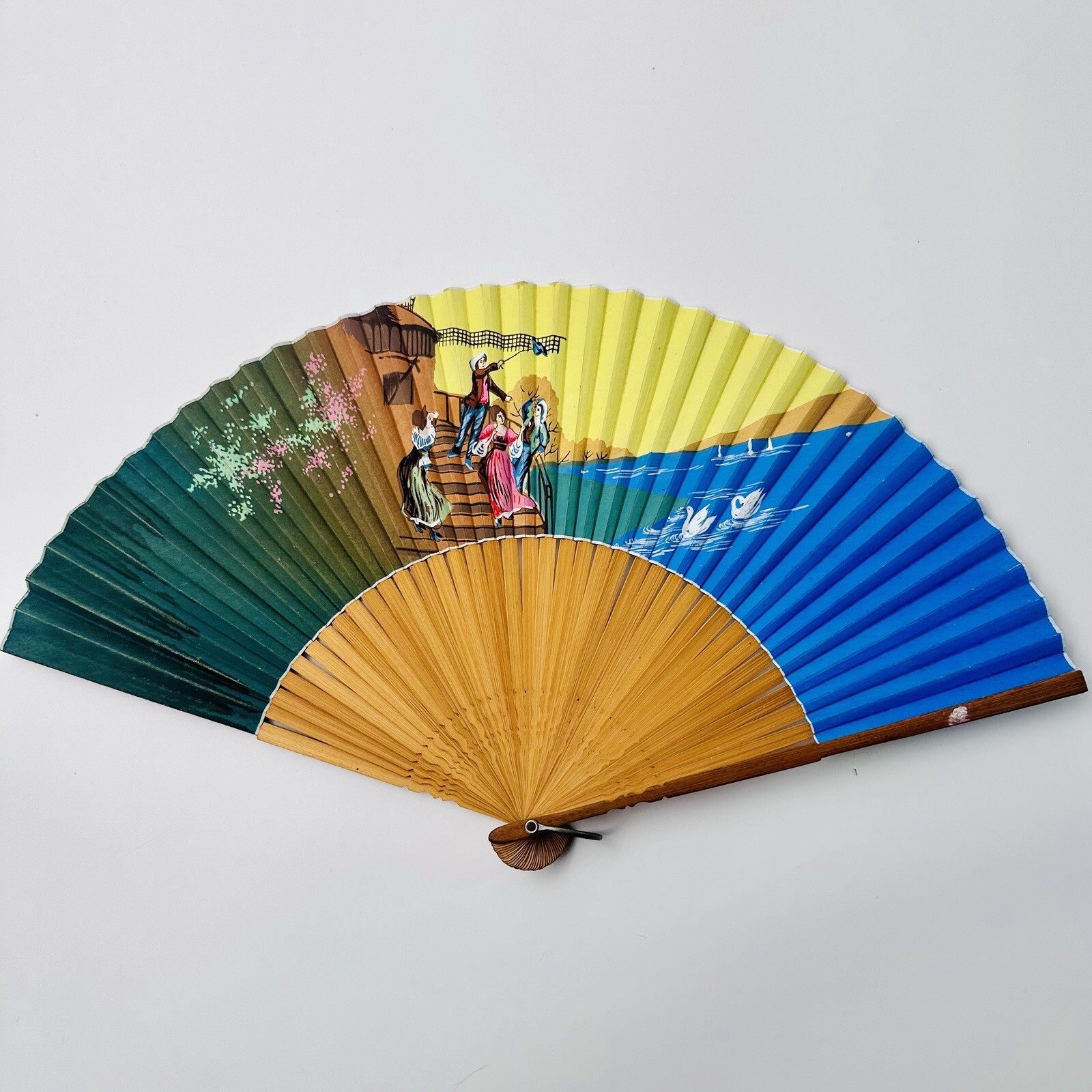 Vintage Paper Hand Fan Painted Paper and Bamboo Coastal Scene