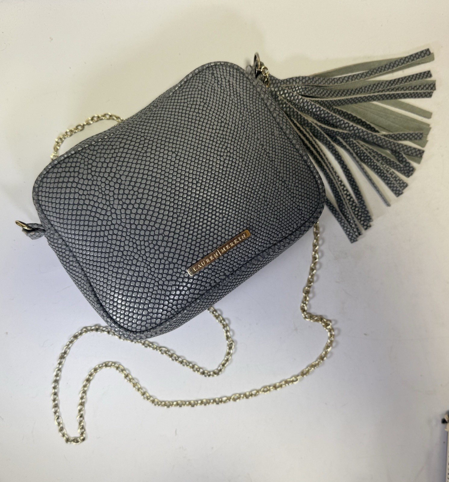 LAUREN MERKIN Gray Pebbled Reptile Snakeskin Zipper Leather Bag Crossbody