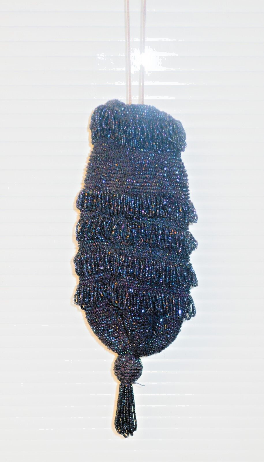 Antique Vtg Black Beaded Purse Victorian Evening Bag Fringe Lined Flapper Deco