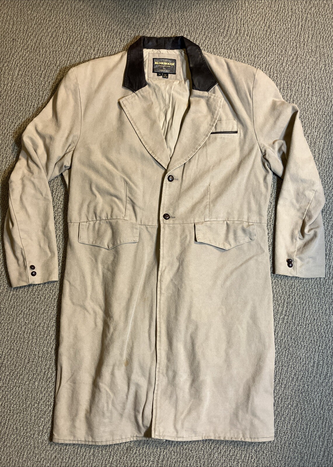 RARE Vtg Pioneer Wear Bunkhouse Collection Duster Jacket Canvas Leather Trim XL