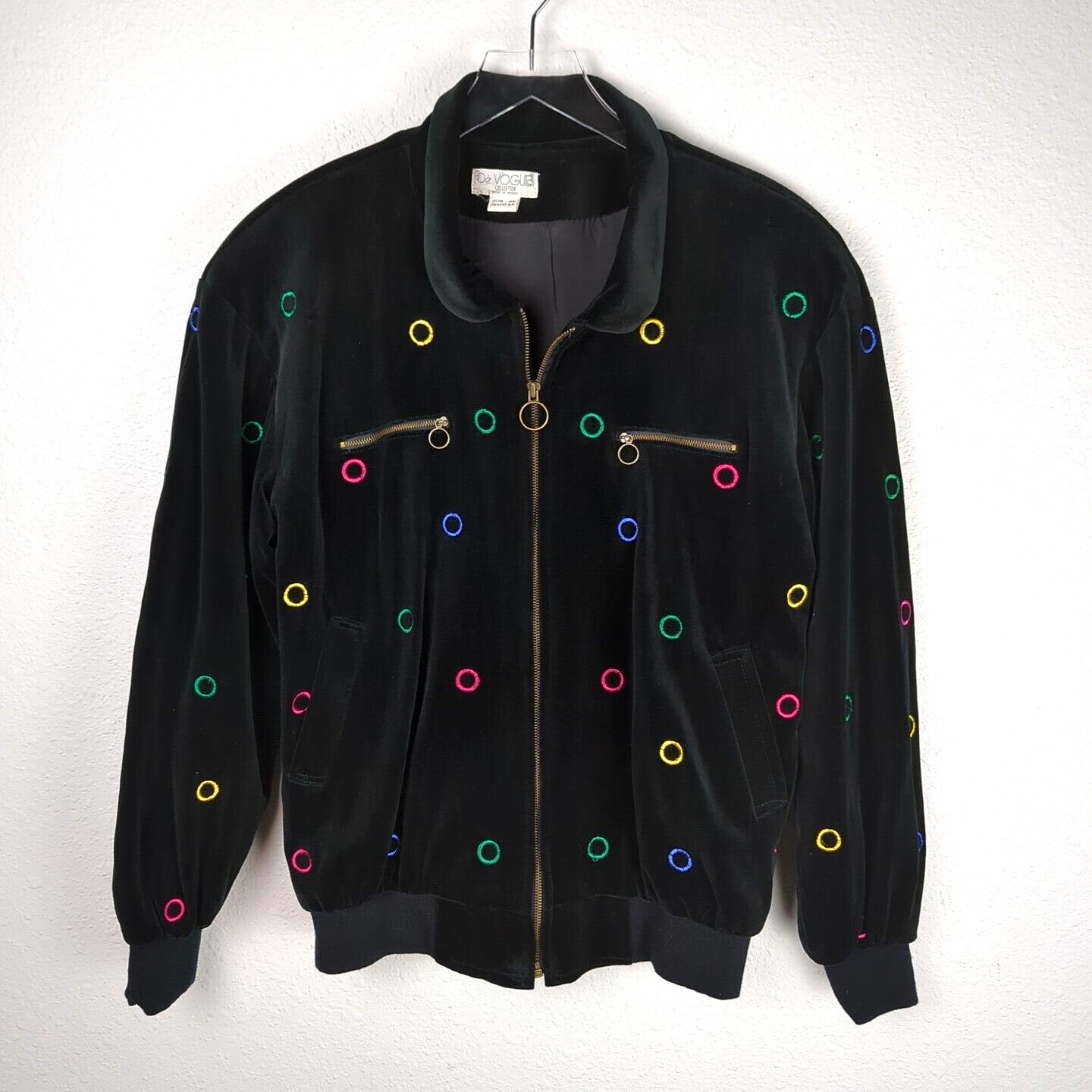 De VOGUE Collection Vintage Velvet Bomber Jacket 1980s XL Black Embroidered