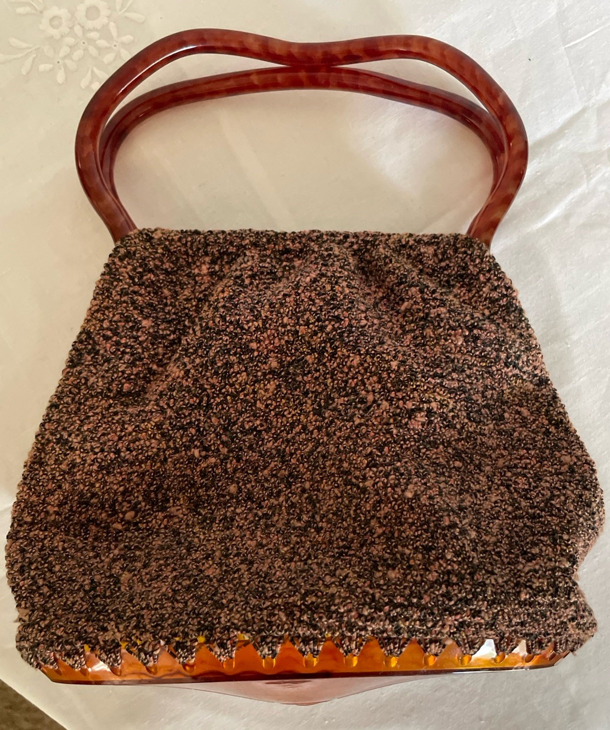 Vtg 1950s Boucle Knit Handbag Purse with Faux Tortoise Lucite Base and Handle
