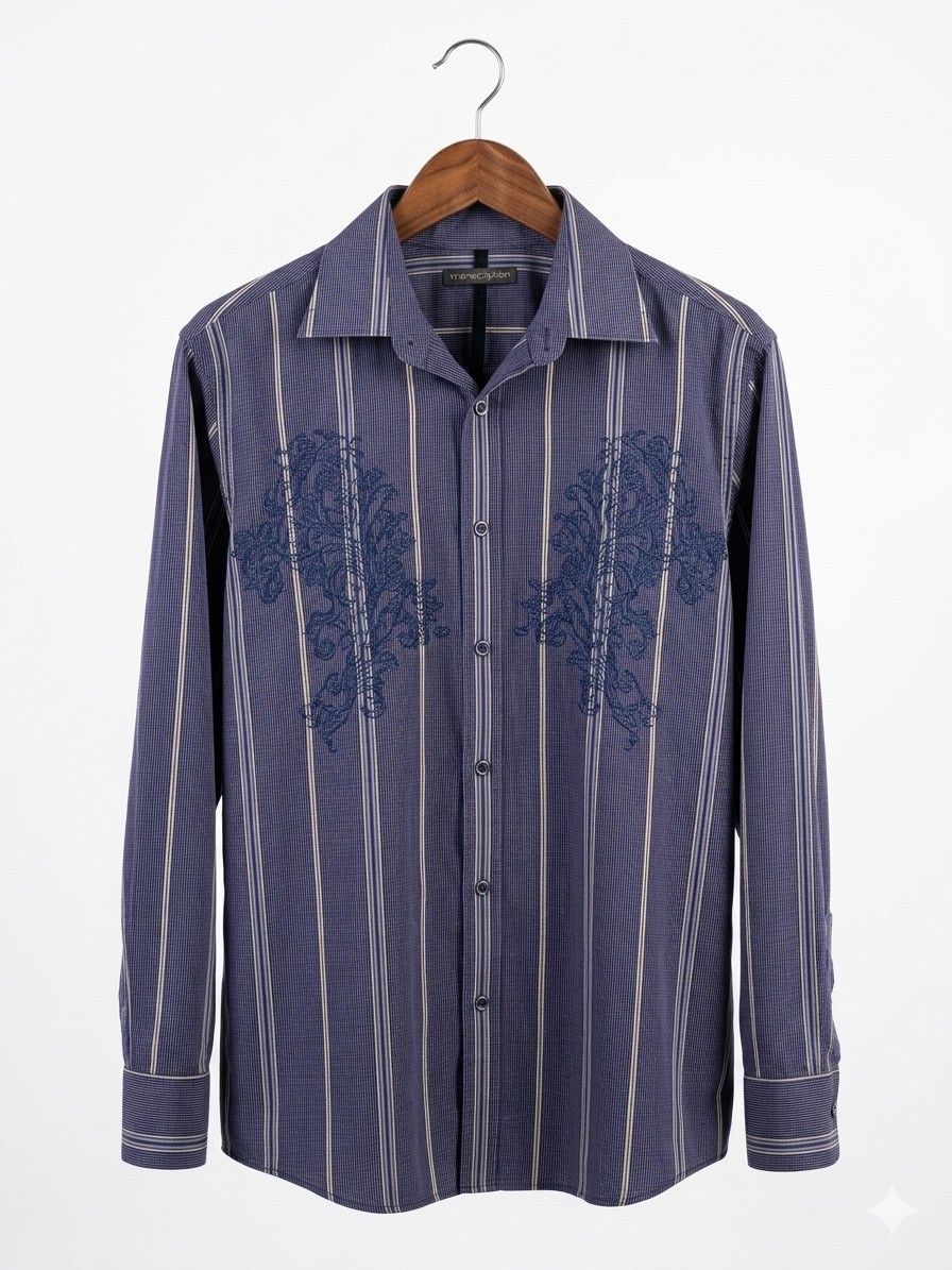 Vintage Transcript Men’s L Shirt Y2K Blue Gray Striped Embroidered Boho…