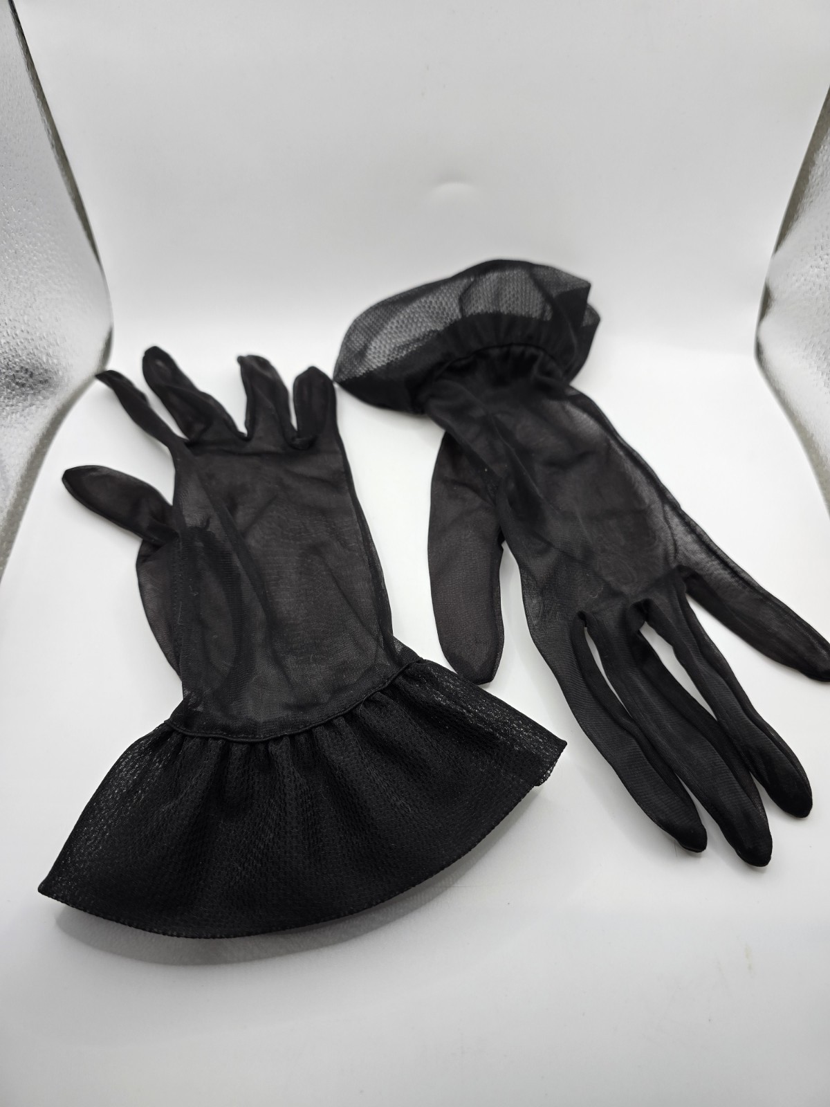 Vintage Black Sheer Chiffon Evening Gloves One Size Formal Ruffle Wrists Unlined