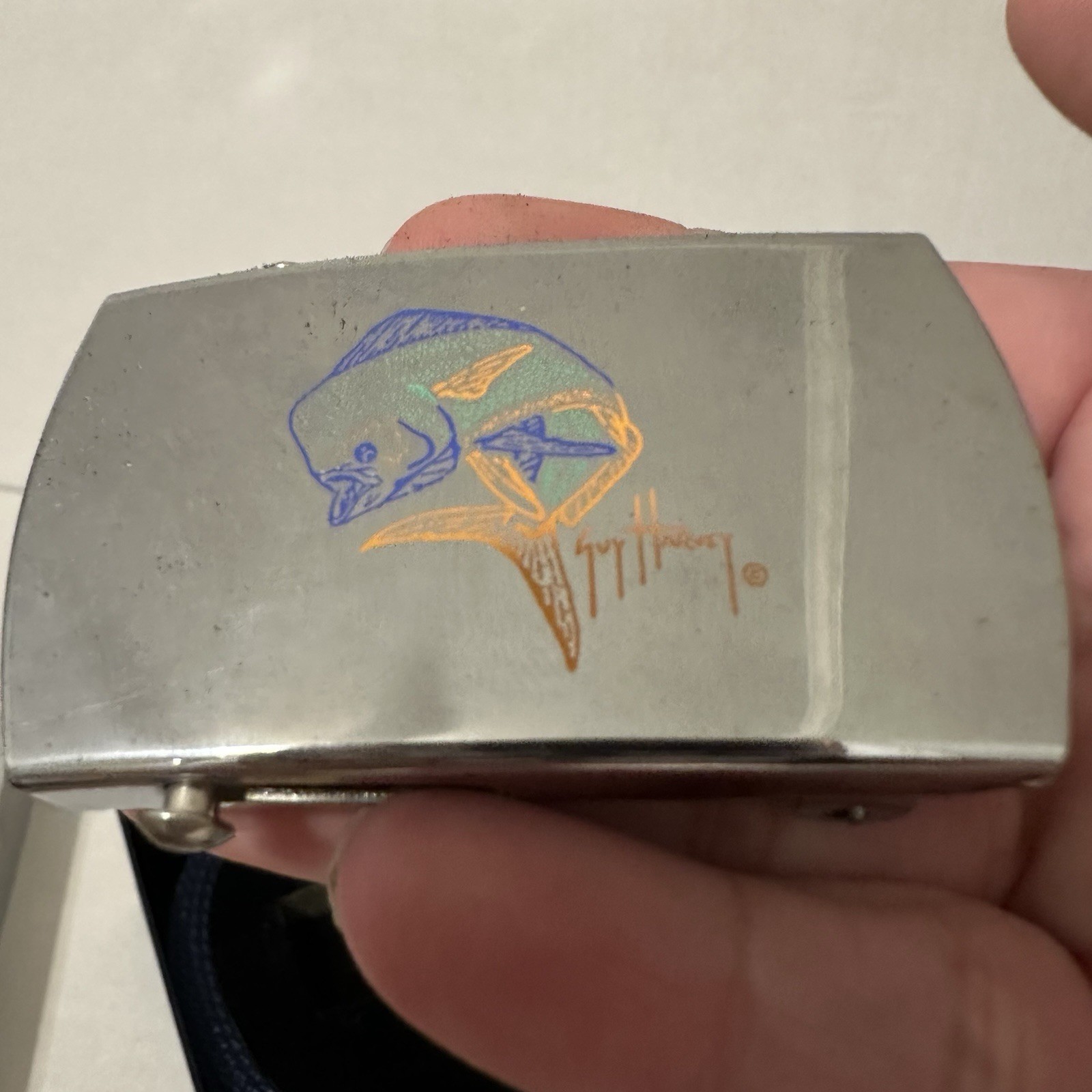 Rare Zippo Guy Harvey Chrome Belt Buckle & Navy Belt BULL DOLPHIN In Box