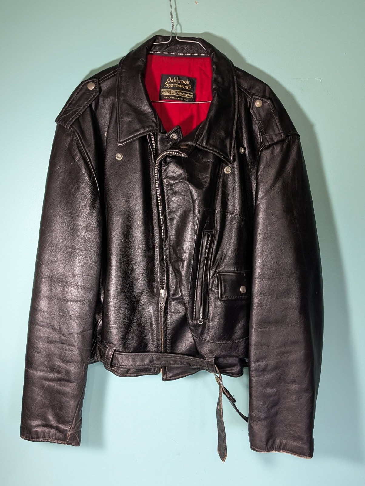 Vintage 1960’s Sears Oakbrook Black Leather Jacket Red Lining Size XL