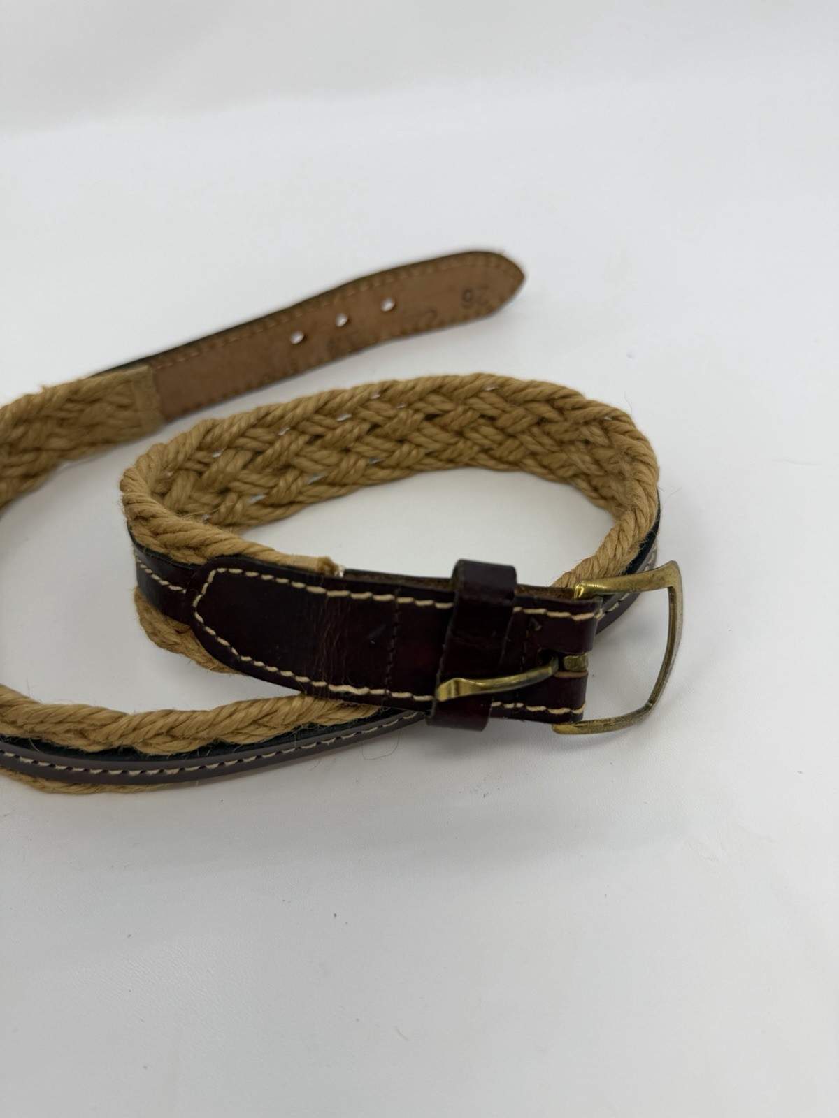 Women’s Vintage Leather Belt Braided Rope Brass Buckle Size 26” Western Boho