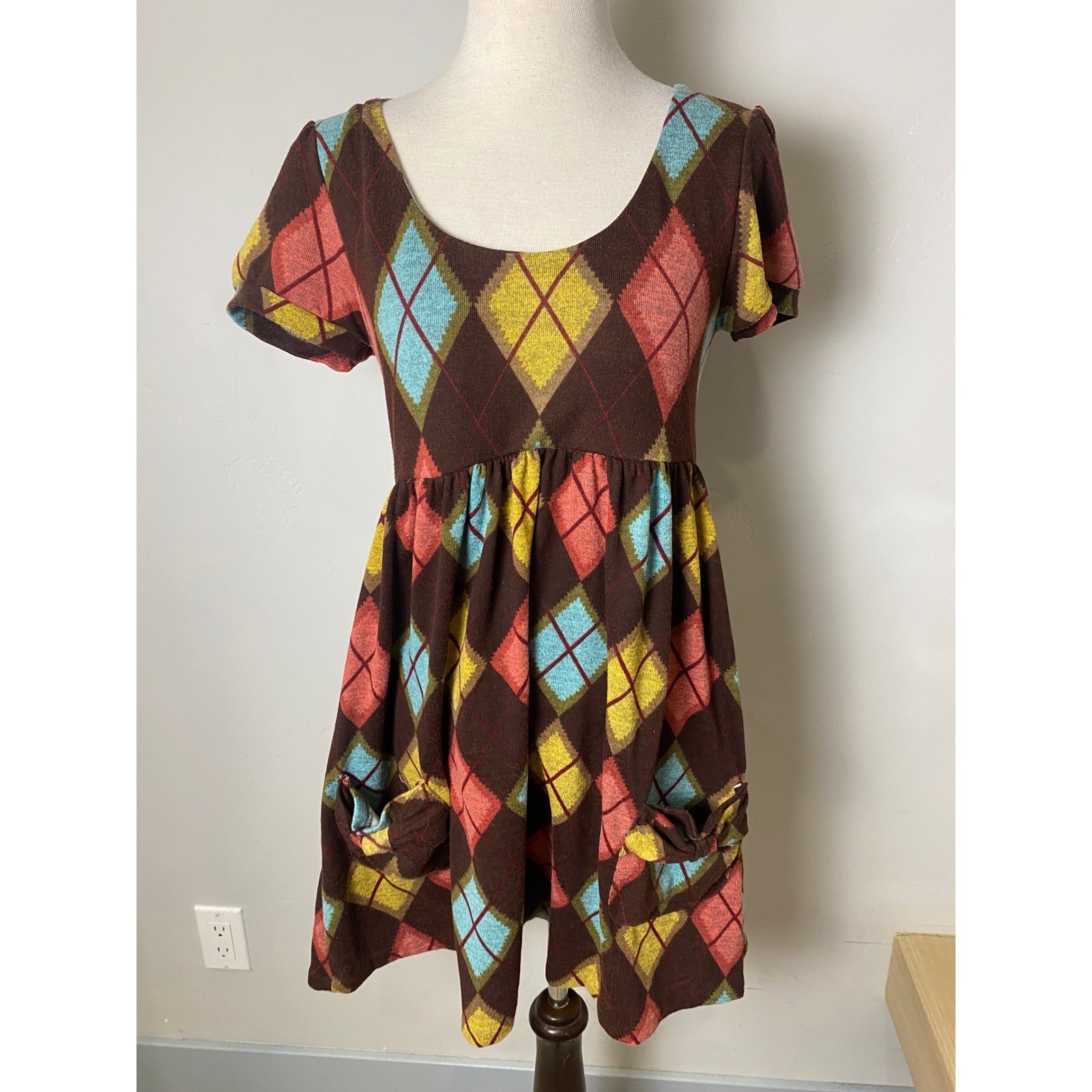 Vintage Necessary Objects Argyle Babydoll Dress Brown Y2K 90s Medium Grunge S/M