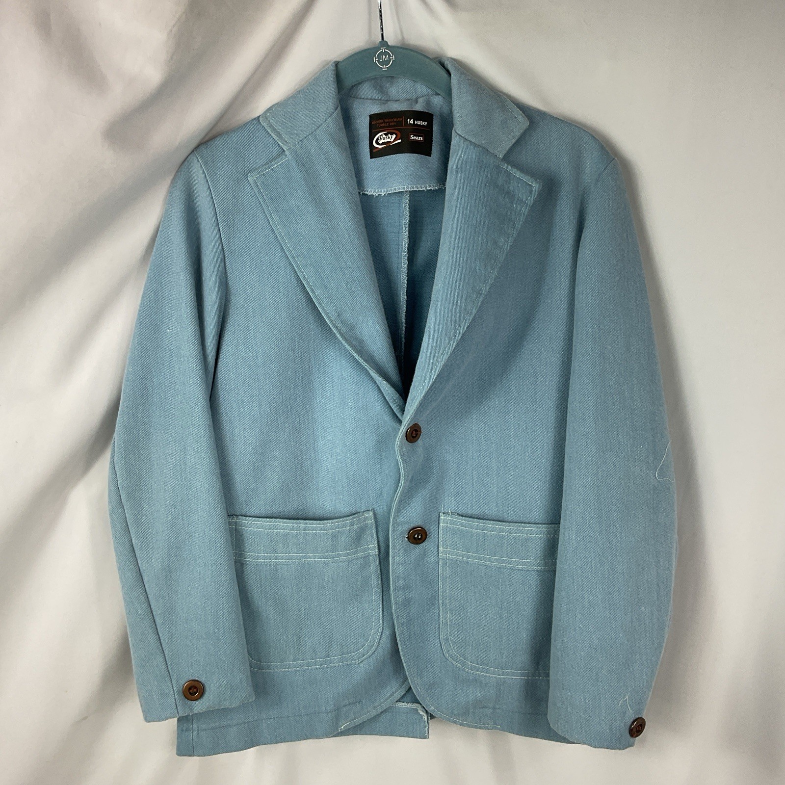 Retro 1980s Sears Denim Blazer Boys 14 Husky Blue 2-Button 2-Pocket Unlined