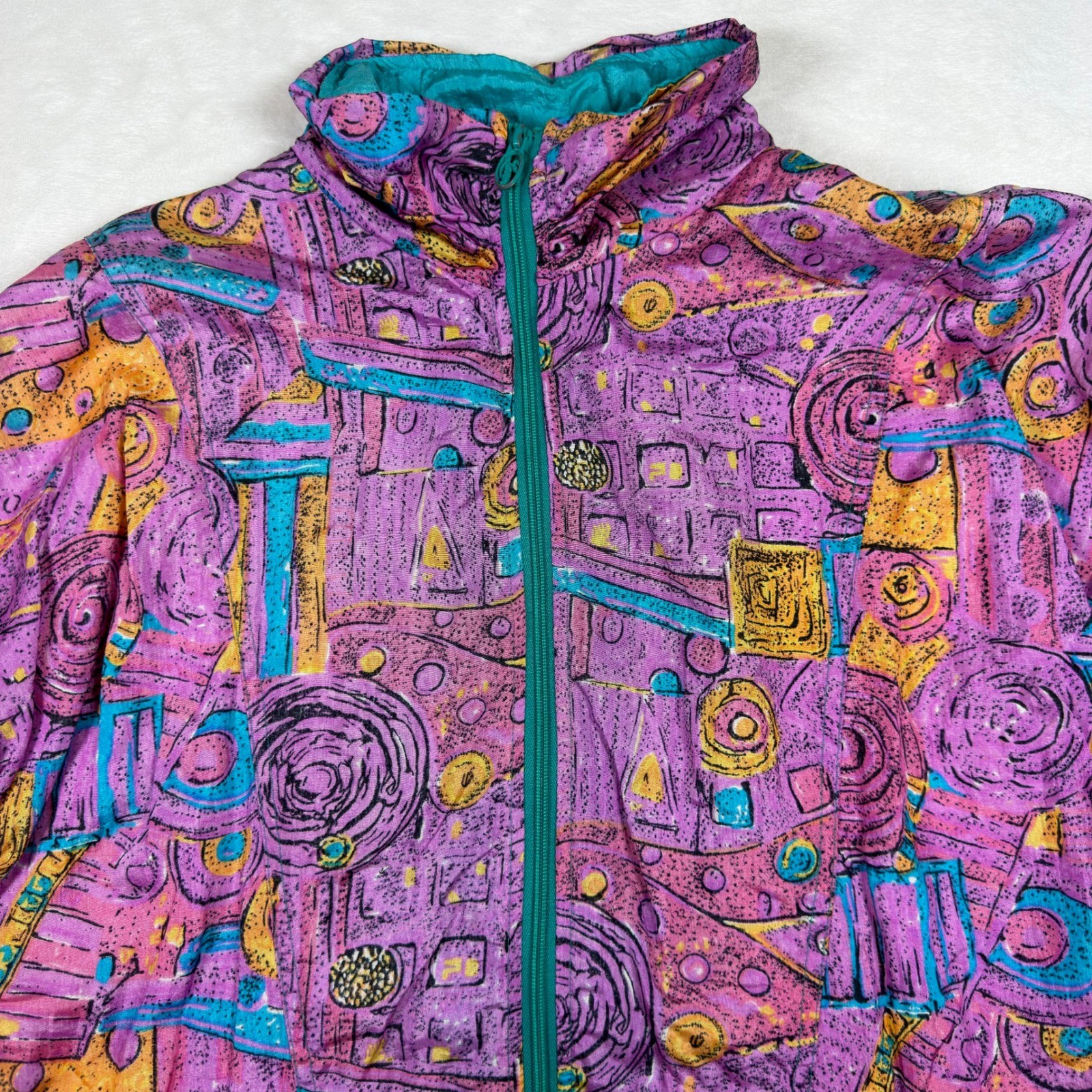 Vintage Lavon Abstract Print Windbreaker Jacket Purple Teal Large 80s 90s Retro