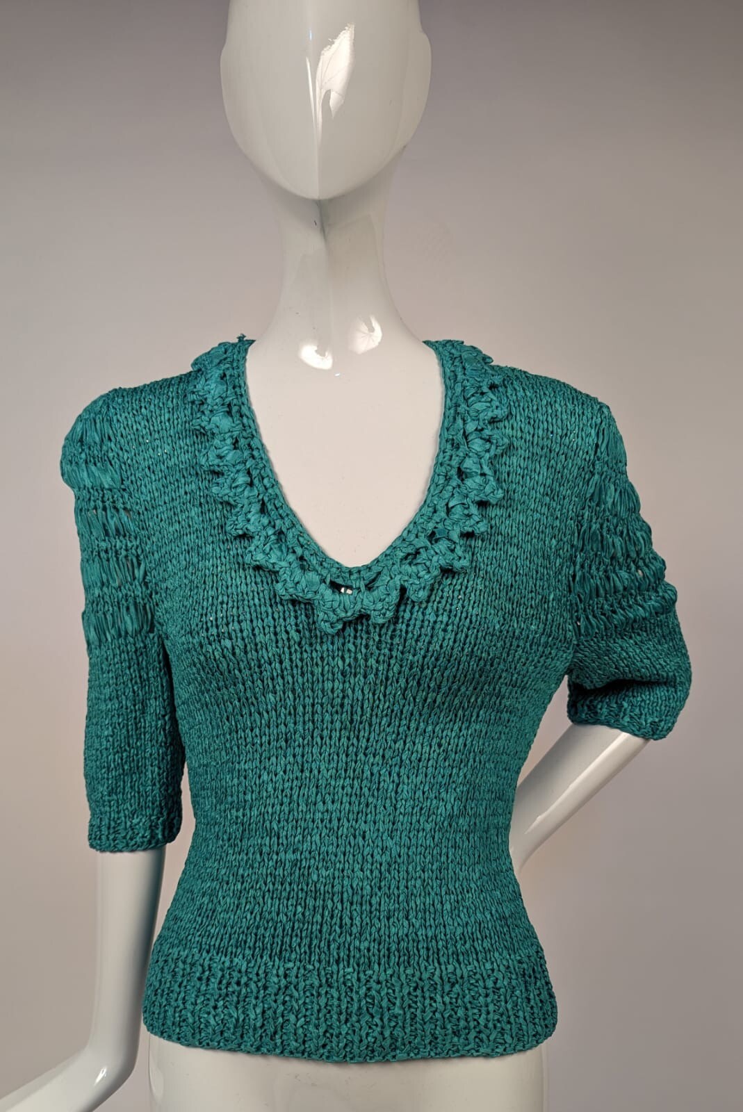 VINTAGE 1980’S HAND KNIT TEAL RIBBON SWEATER