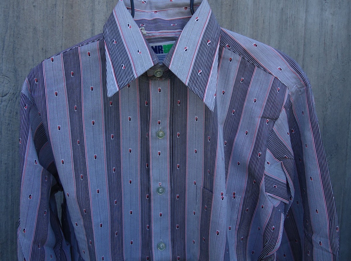 NOS Vtg 70s Dee Cee Red Black White Striped M 15 Big Collar Shirt Mr Dee Cee USA