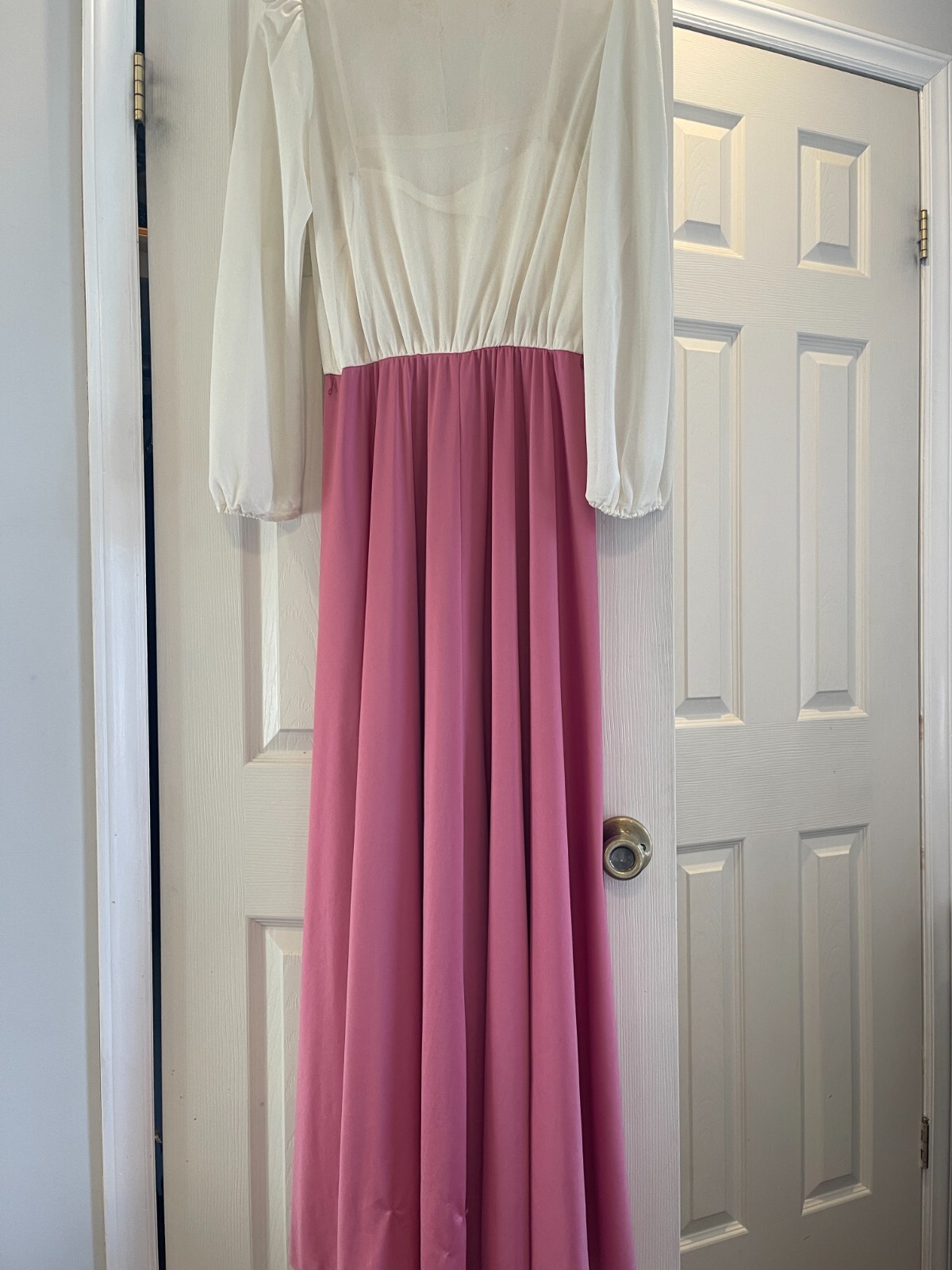 Vintage 1920s pink white Long sleeve sheer camisole long dress size S 57 in long
