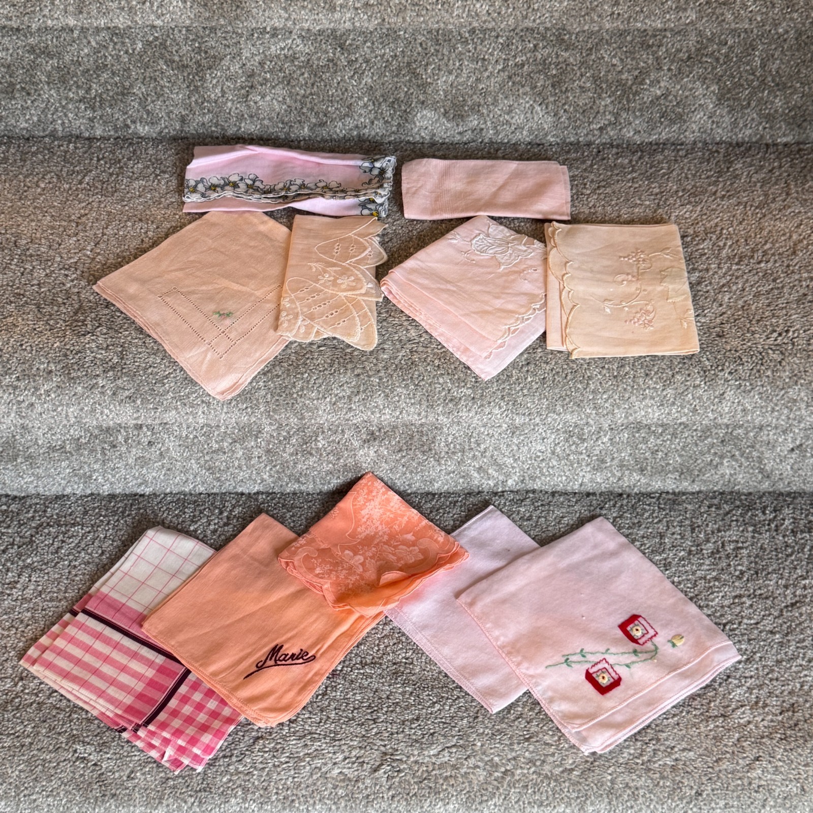 Lot 11 Vintage Pink Peach Handkerchiefs Made in Austria Switzerland Cotton Lace