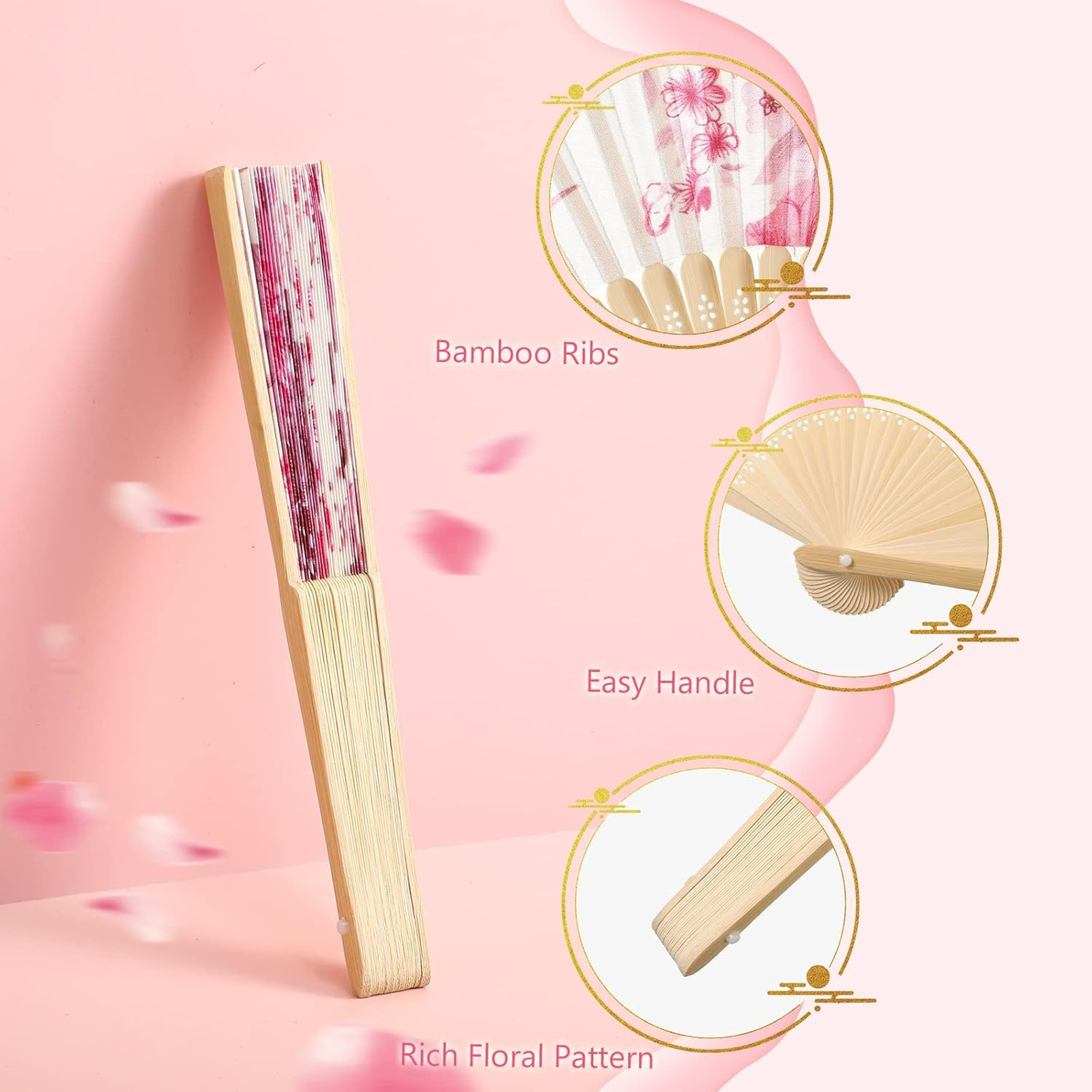 Decorative Folding Hand Fans 24 Pieces Floral Chinese Style Bamboo Rib for Women