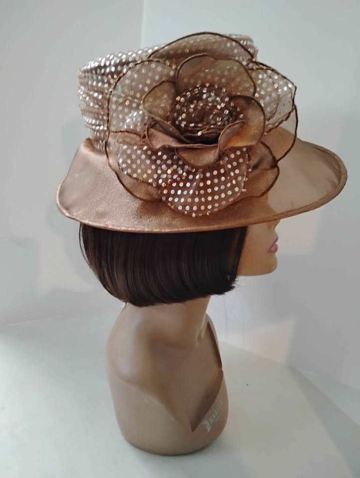 Hat Bronze Copper Blend Silver Dots Cartwheel Style Hat Lightweight Large Bow
