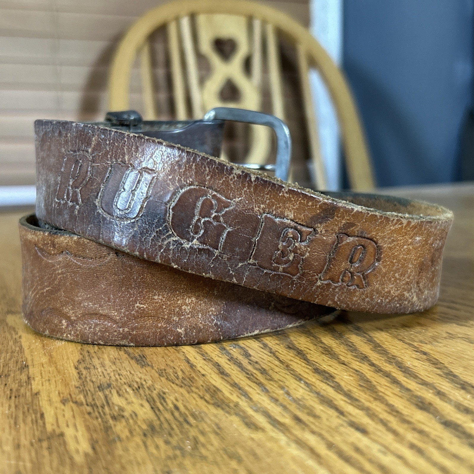Vintage Ruger Tooled Leather Belt Thrashed Western Style Snowmobile 41.5″ 70s-80